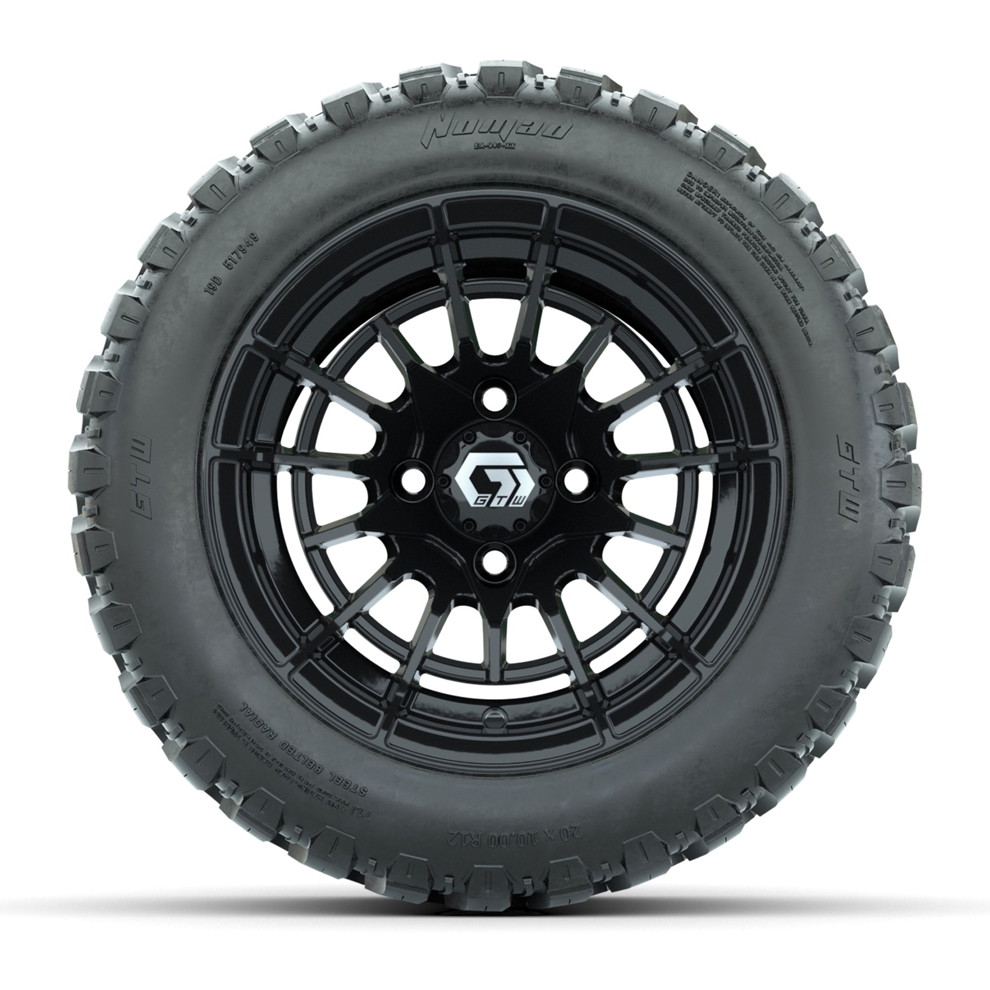 GTW® Boost Gloss Black 12 in Wheels with 20X10-12 Nomad Steel Belt Radial All-Terrain Tires – Full Set