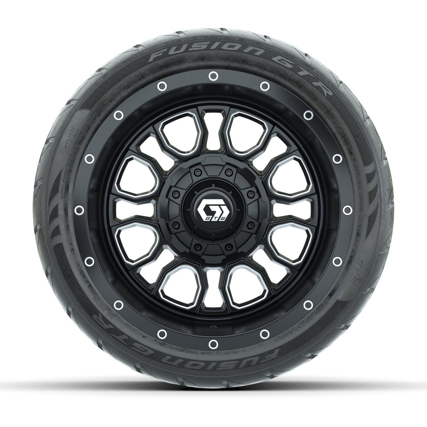GTW® Volt Black/Machined 12 in Wheels with 215/40-R12 Fusion GTR Steel Belt Radial Street Tires – Full Set