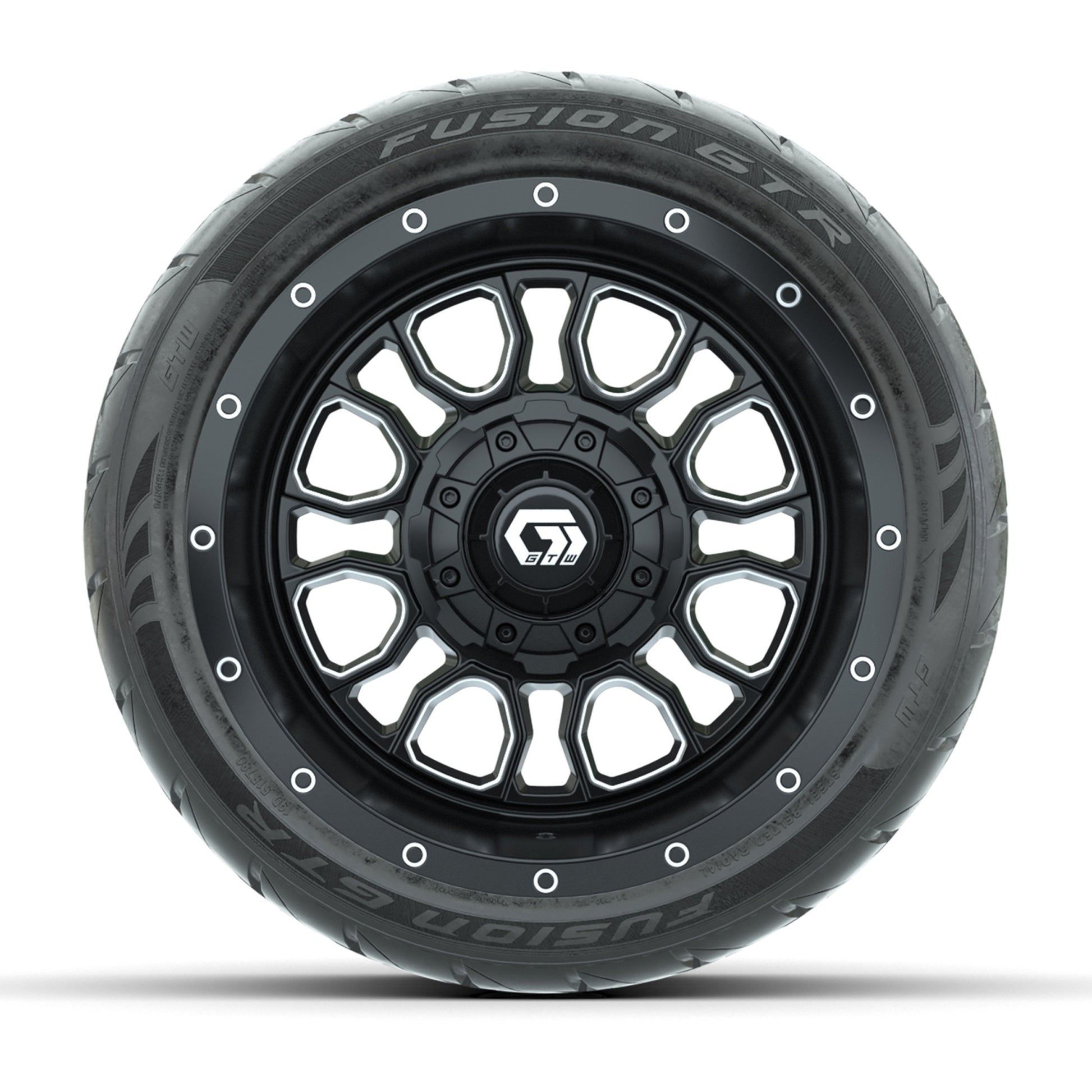 GTW® Volt Black/Machined 12 in Wheels with 215/40-R12 Fusion GTR Steel Belt Radial Street Tires – Full Set