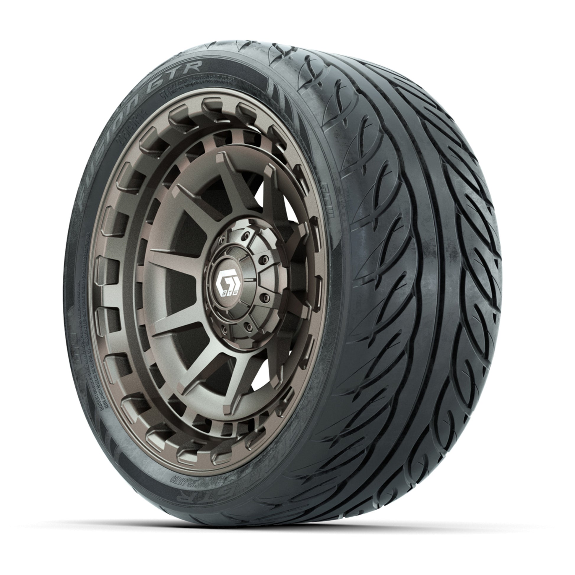 GTW® Barricade Satin Bronze 14 in Wheels with 205/40-R14 Fusion GTR Steel Belted Street Tires – Full Set