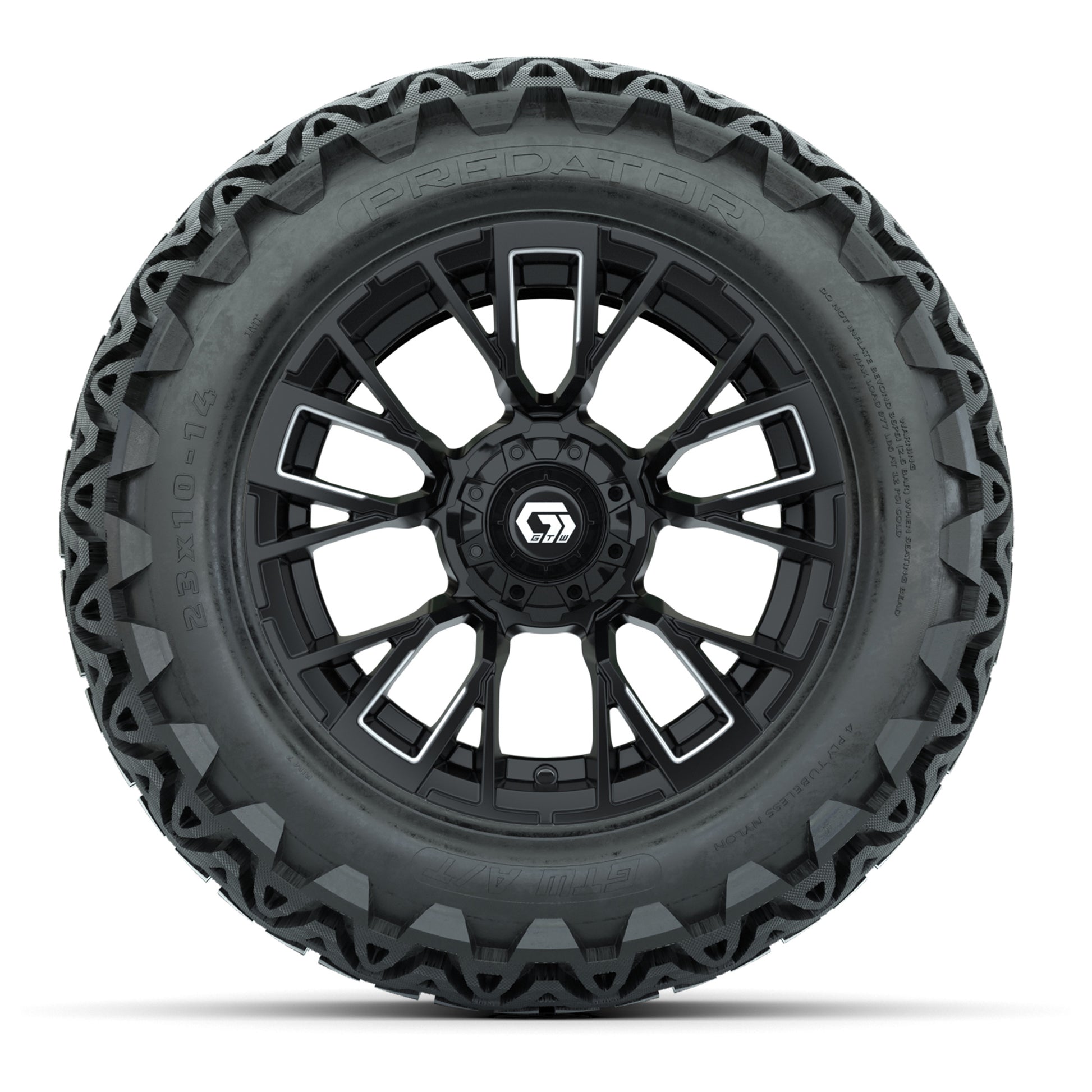 GTW® Vandal Matte Black/Machined 14 in Wheels with 23x10-14 Predator All-Terrain Tires – Full Set