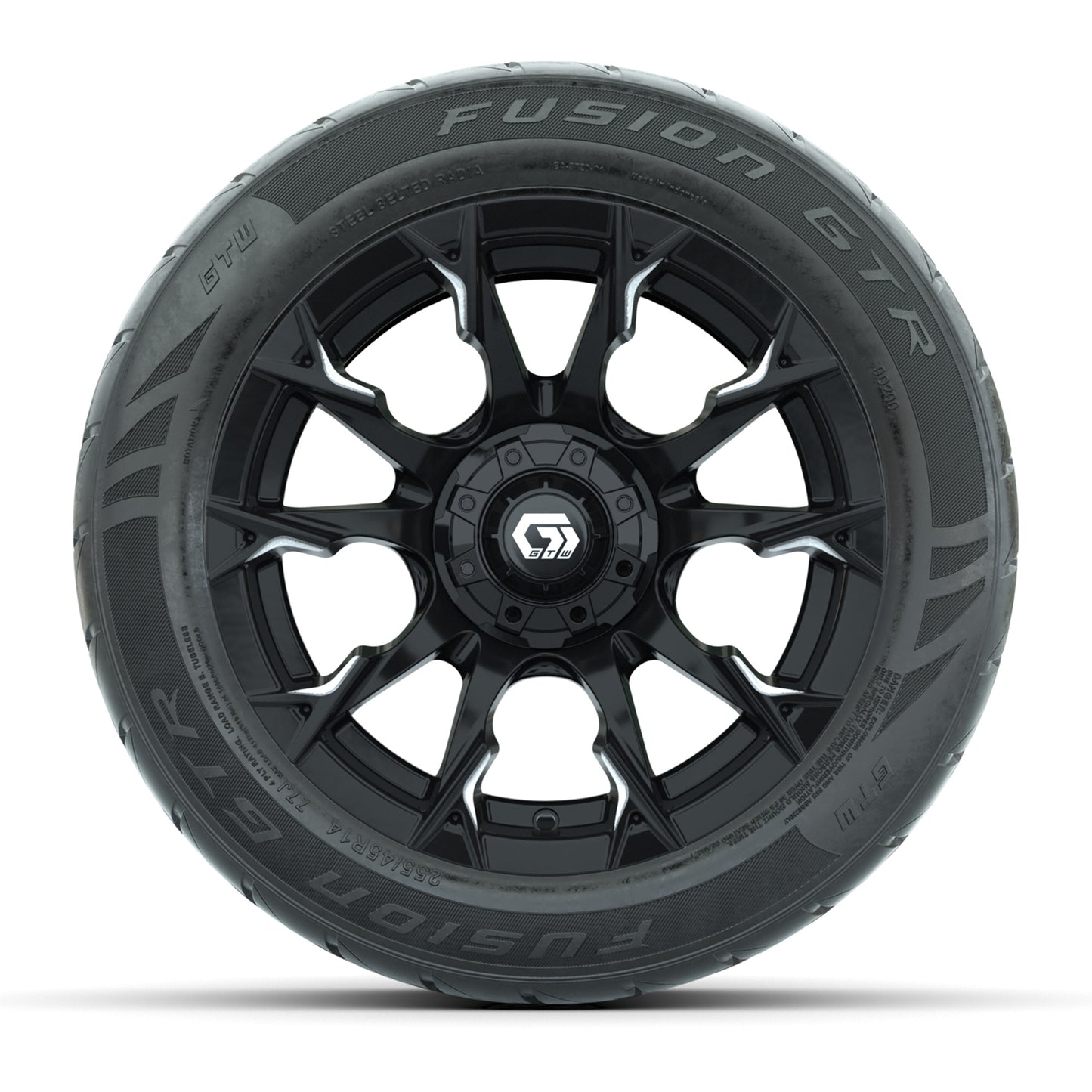 GTW® Diablo Gloss Black/Machined 14 in Wheels with 255/45-R14 Fusion GTR Steel Belt Radial Street Tires – Full Set