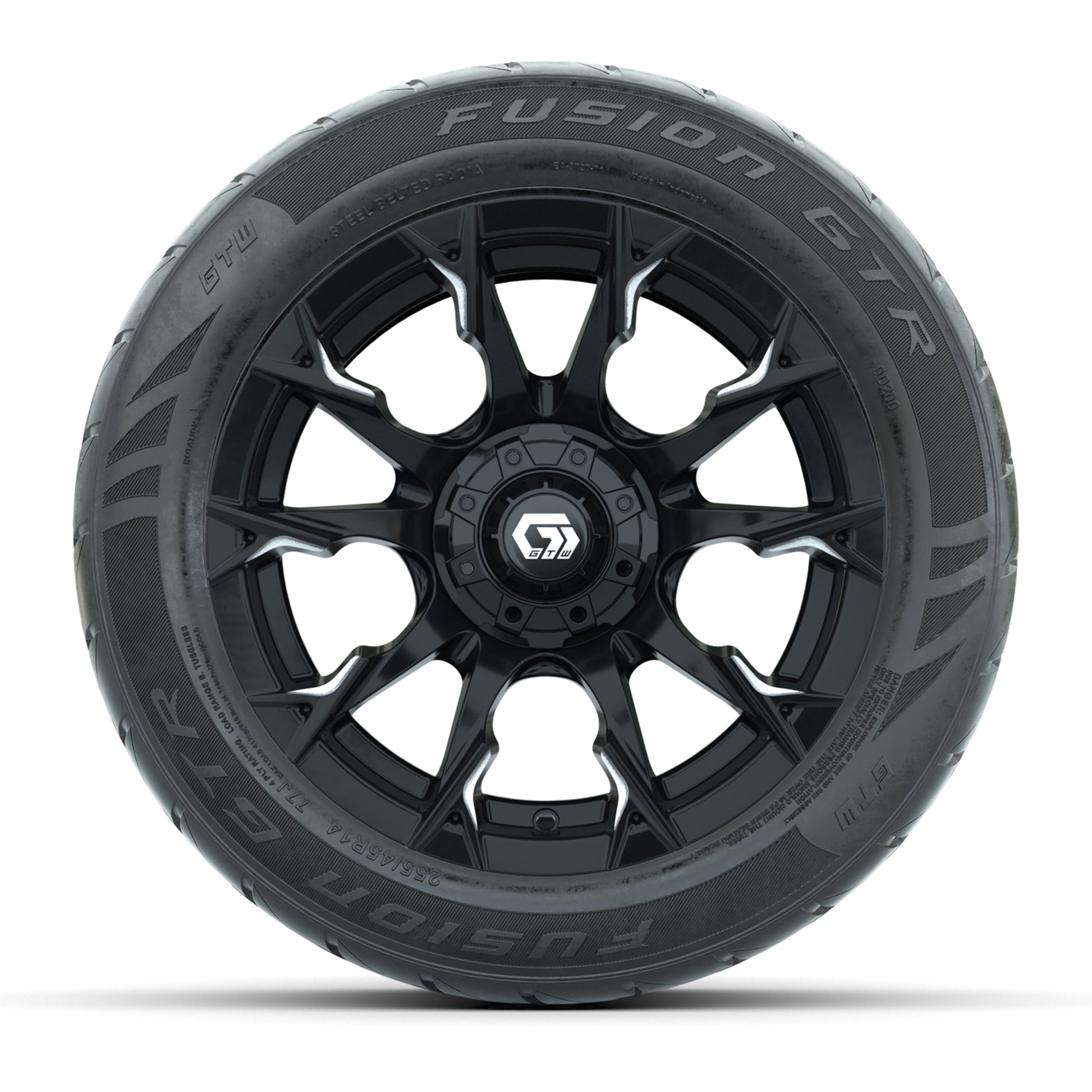 GTW® Diablo Gloss Black/Machined 14 in Wheels with 255/45-R14 Fusion GTR Steel Belt Radial Street Tires – Full Set