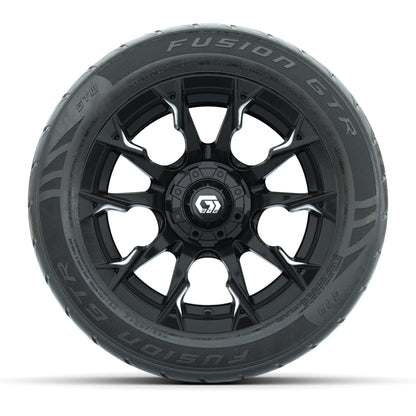 GTW® Diablo Gloss Black/Machined 14 in Wheels with 255/45-R14 Fusion GTR Steel Belt Radial Street Tires – Full Set