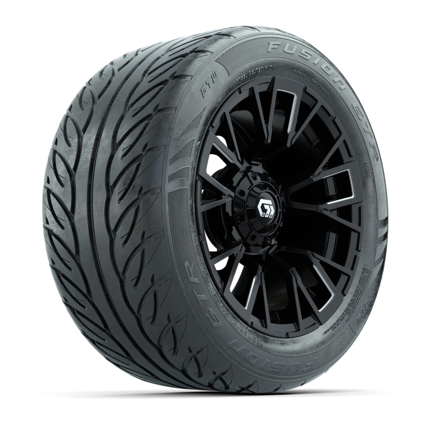GTW® Vandal Matte Black/Machined 14 in Wheels with 255/45-R14 Fusion GTR Steel Belt Radial Street Tires – Full Set
