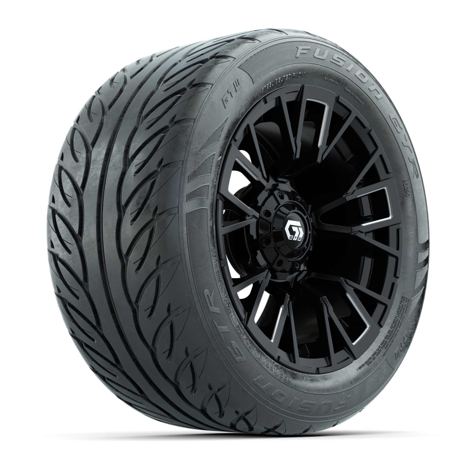 GTW® Vandal Matte Black/Machined 14 in Wheels with 255/45-R14 Fusion GTR Steel Belt Radial Street Tires – Full Set