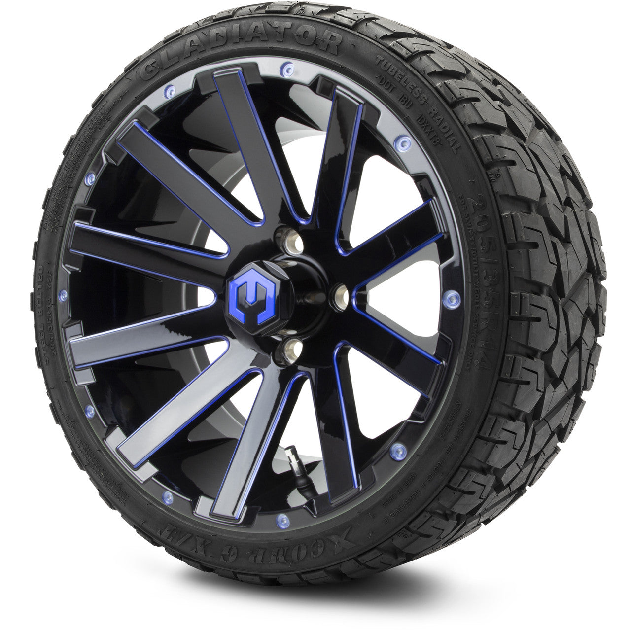 MODZ® 14" Mauler Glossy Black and Blue with Ball Mill Wheels & Off-Road Tires Combo