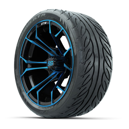 GTW® Spyder Black/Blue 14 in Wheels with 205/40-R14 Fusion GTR Steel Belt Radial Street Tires – Full Set