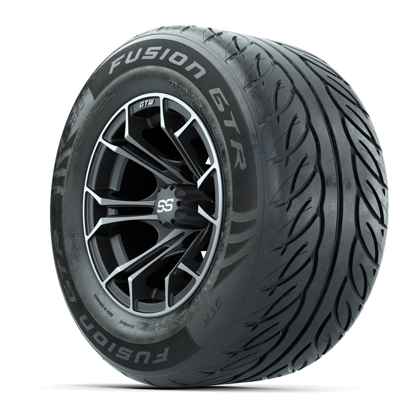GTW® Spyder Matte Gray/Machined 12 in Wheels with 255/55-R12 Fusion GTR Steel Belt Radial Street Tires – Full Set
