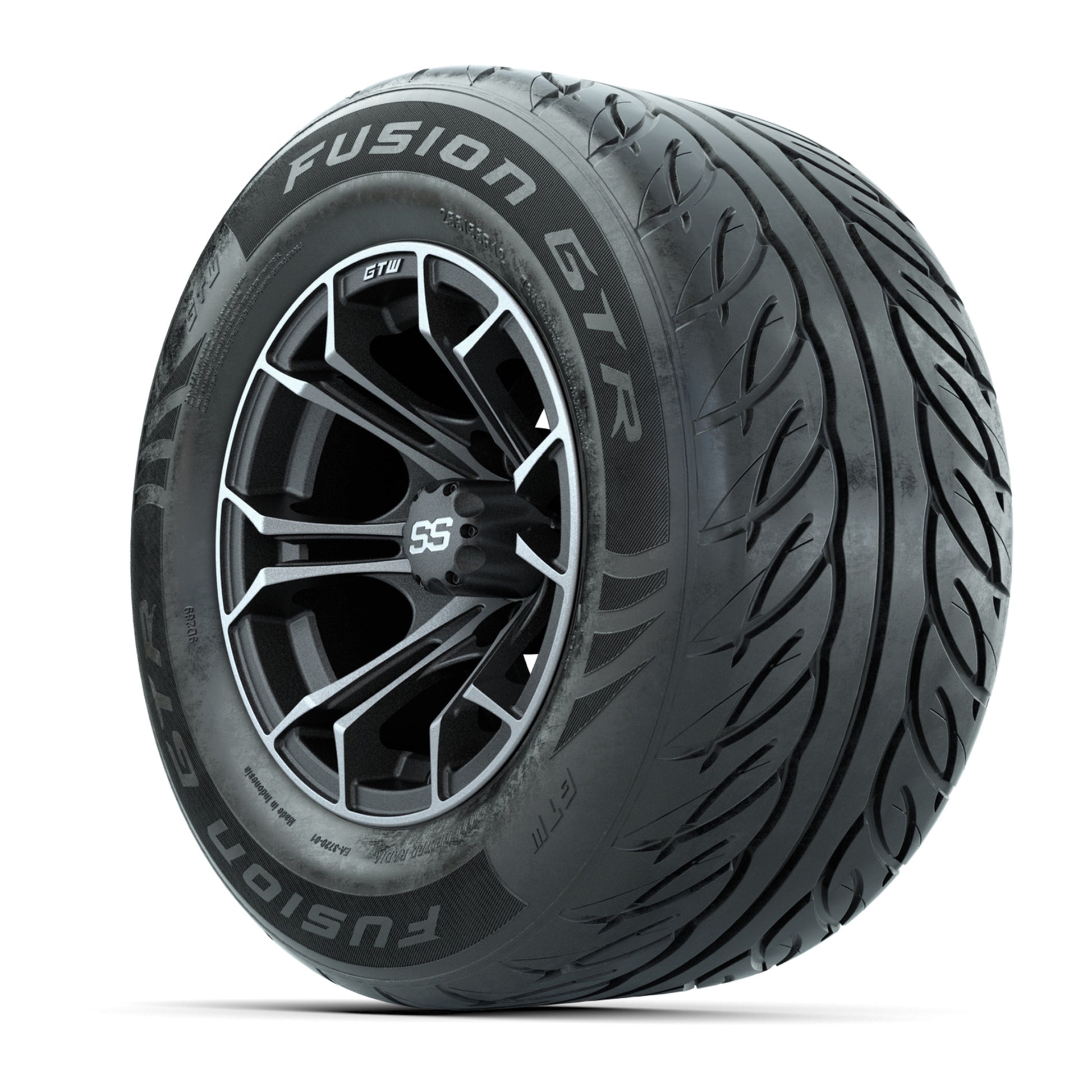 GTW® Spyder Matte Gray/Machined 12 in Wheels with 255/55-R12 Fusion GTR Steel Belt Radial Street Tires – Full Set