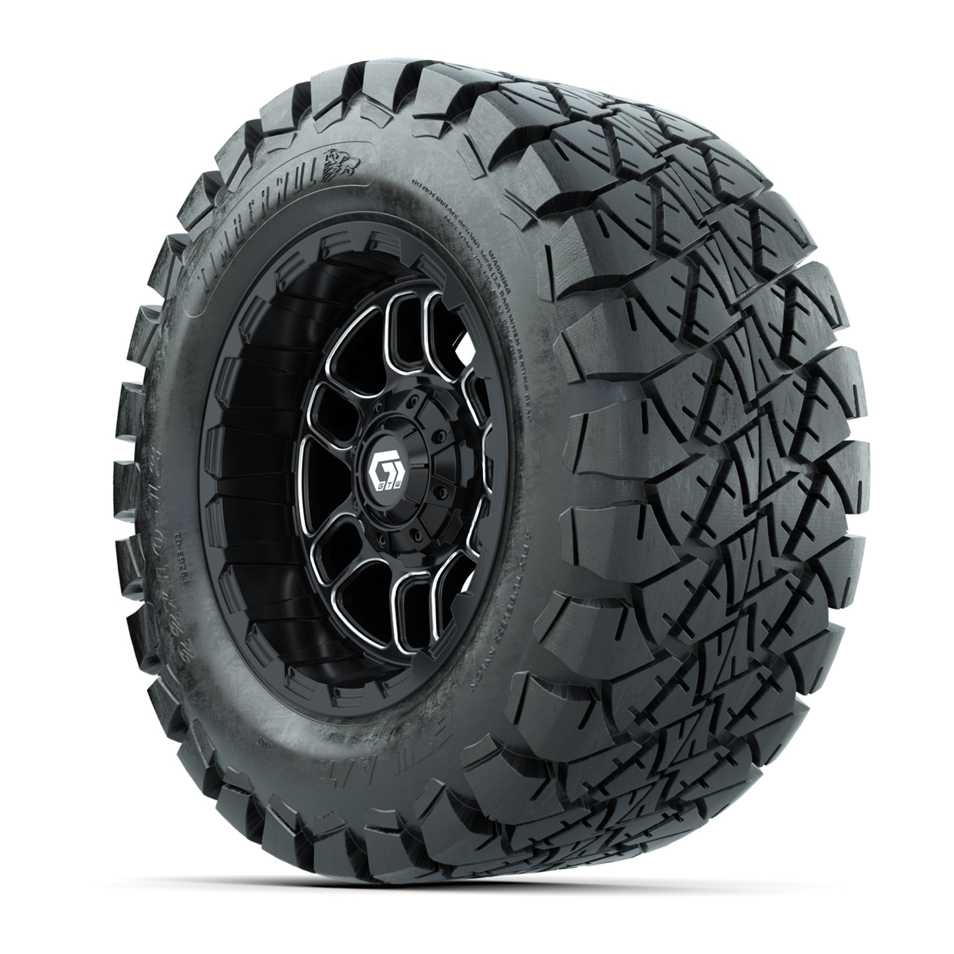 GTW® Titan Black/Machined 12 in Wheels with 22X10-12 Timberwolf All-Terrain Tires – Full Set