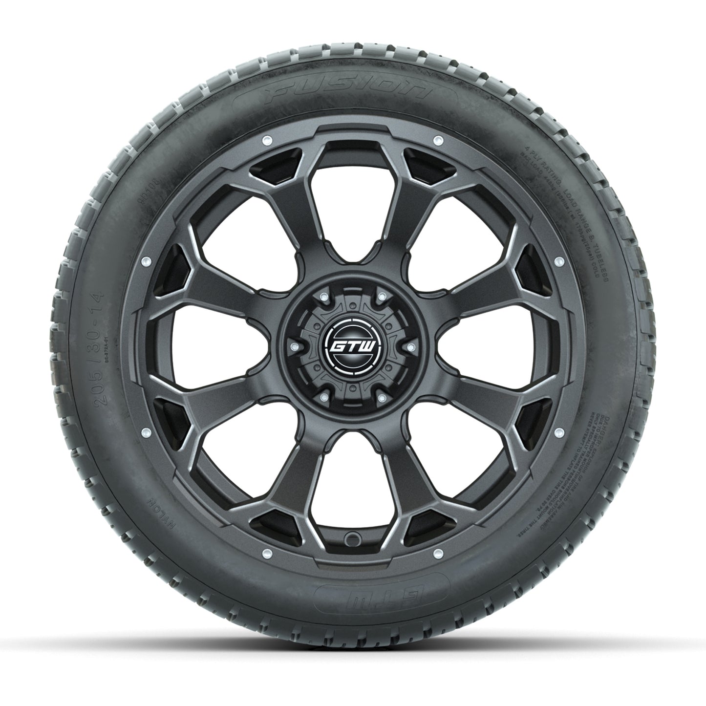 GTW® Raven Matte Gray/Ball Milled 14 in Wheels with 205/30-R14 Fusion Street Tires – Full Set