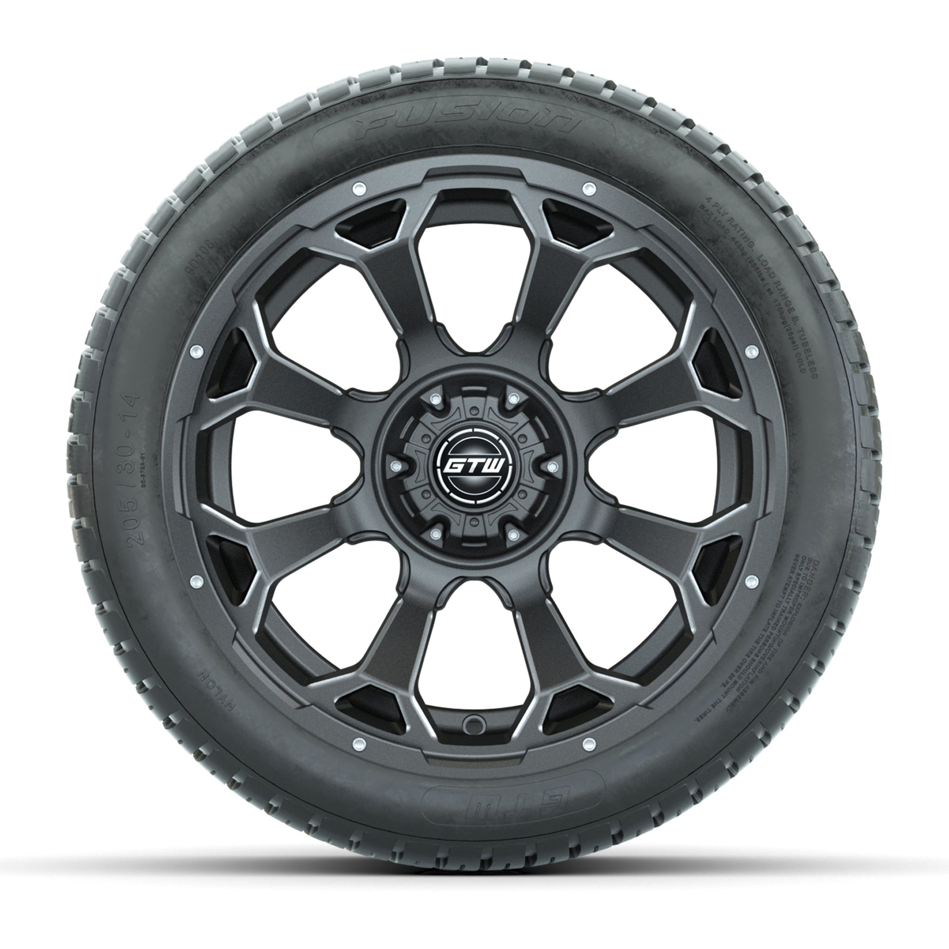 GTW® Raven Matte Gray/Ball Milled 14 in Wheels with 205/30-R14 Fusion Street Tires – Full Set