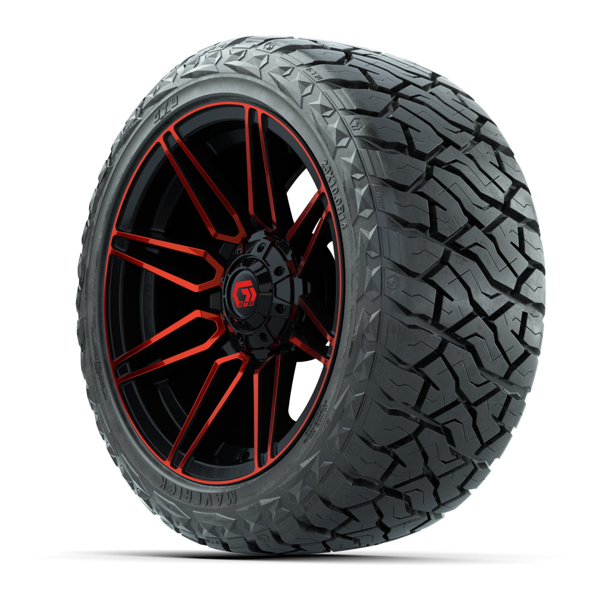 GTW Stealth Gloss Black/Red 14 in Wheels with 23x10.00-R14 Maverick All-Terrain Tires – Full Set