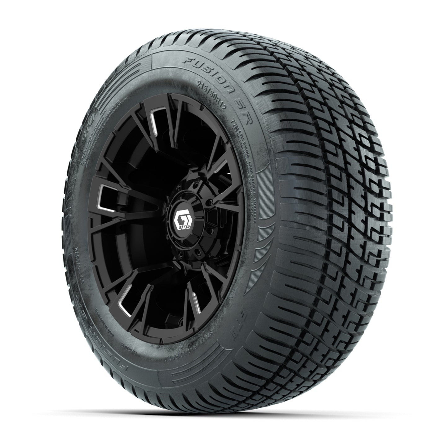GTW® Vandal Matte Black/Machined 12 in Wheels with 215/50-R12 Fusion S/R Steel Belt Radial Tires – Full Set