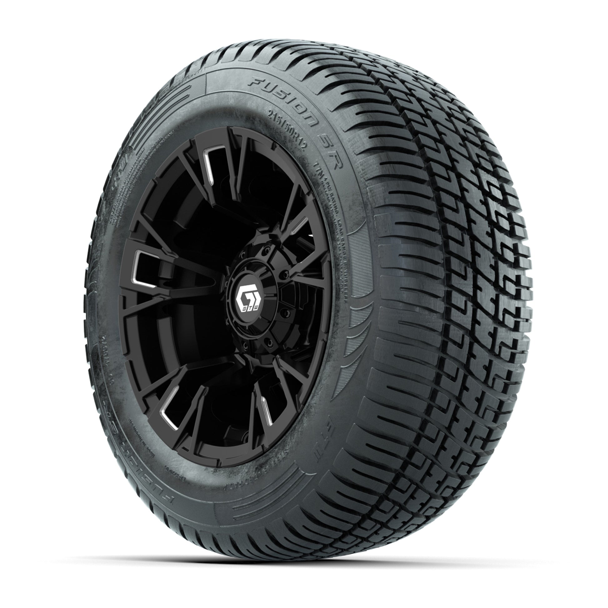 GTW® Vandal Matte Black/Machined 12 in Wheels with 215/50-R12 Fusion S/R Steel Belt Radial Tires – Full Set
