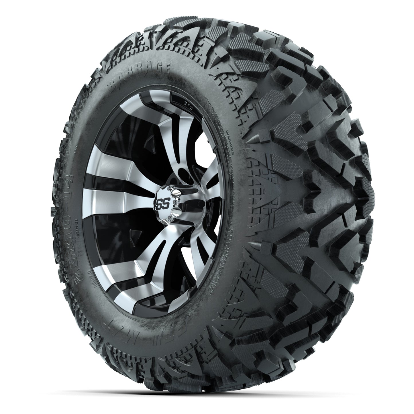 GTW Vampire Black/Machined 14 in Wheels with 25x10-14 Barrage Mud Tires – Full Set