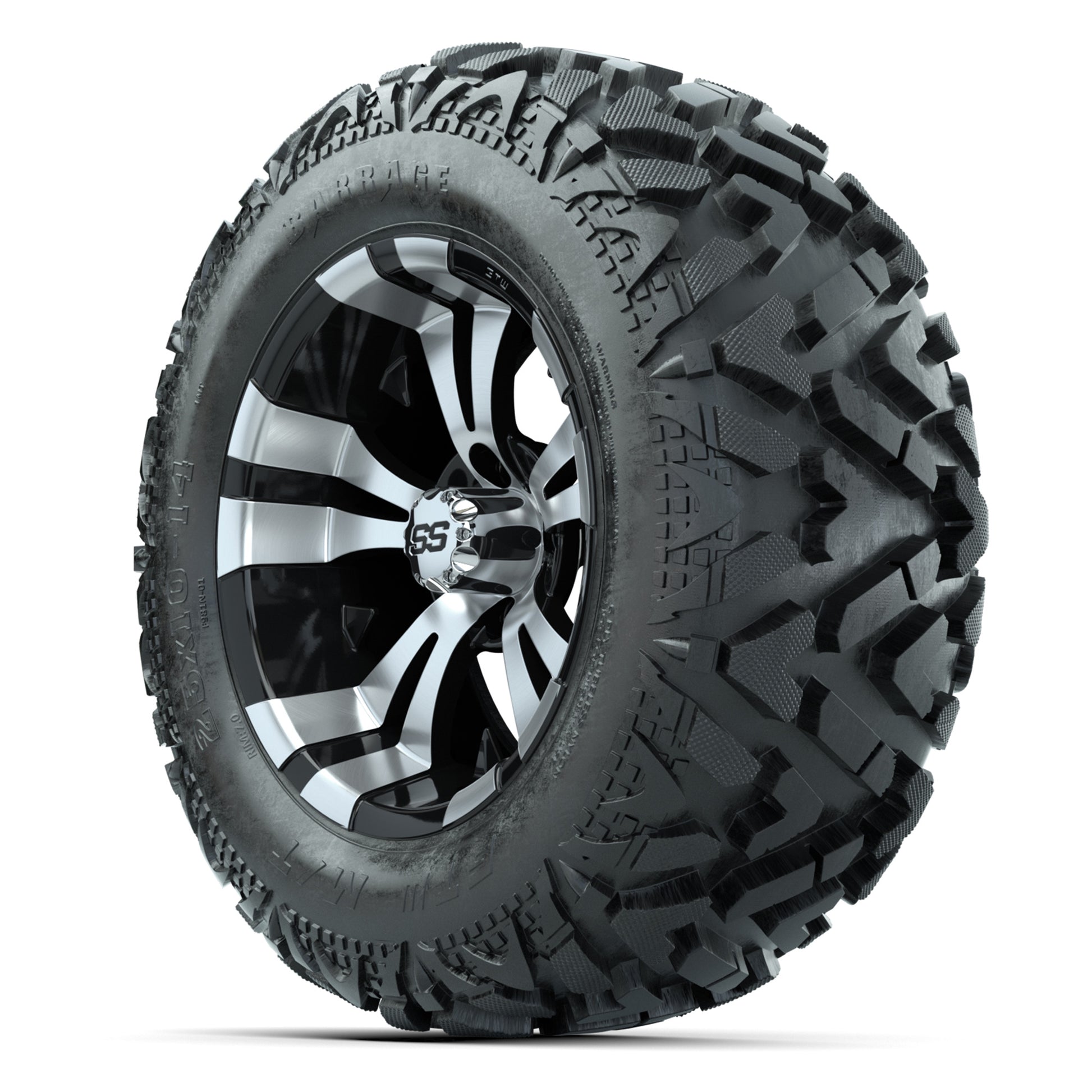 GTW Vampire Black/Machined 14 in Wheels with 25x10-14 Barrage Mud Tires – Full Set