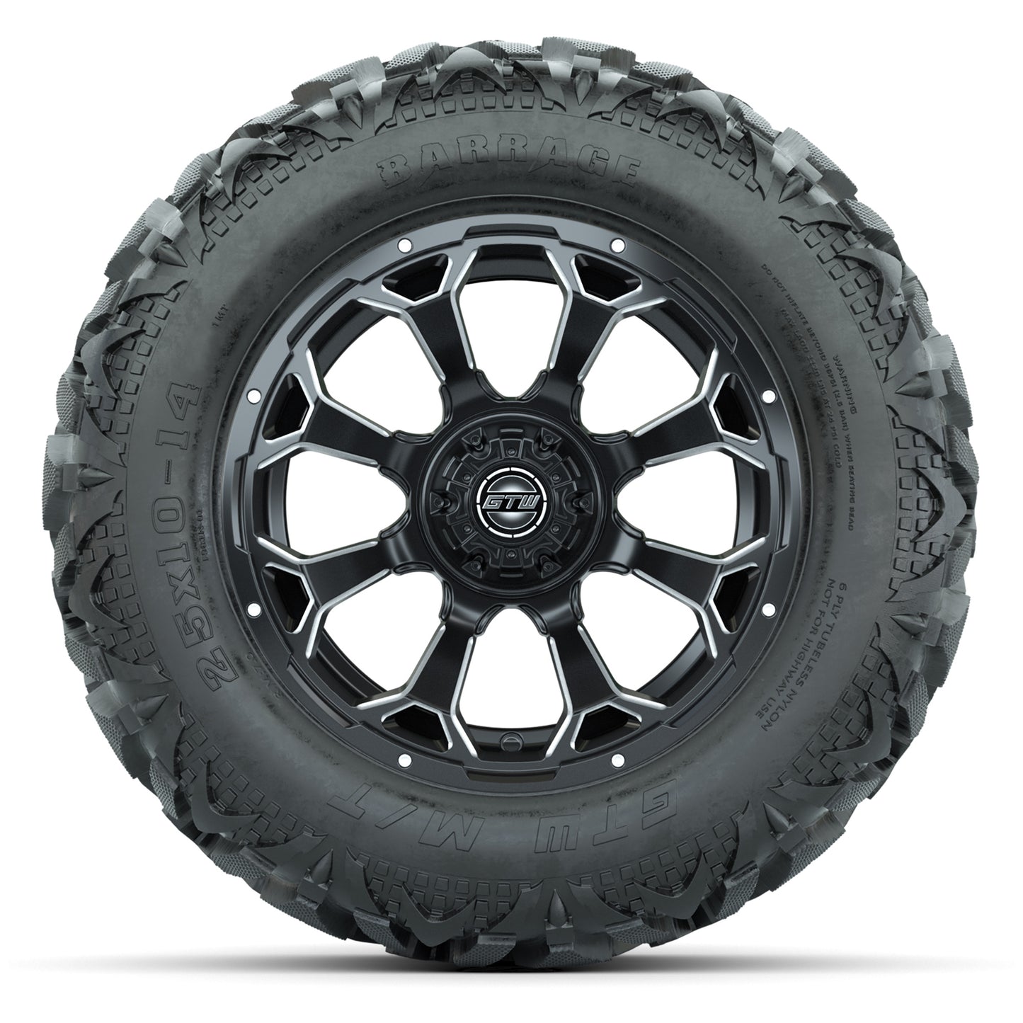GTW Raven Matte Black/Ball Mill 14 in Wheels with 25x10-14 Barrage Mud Tires – Full Set
