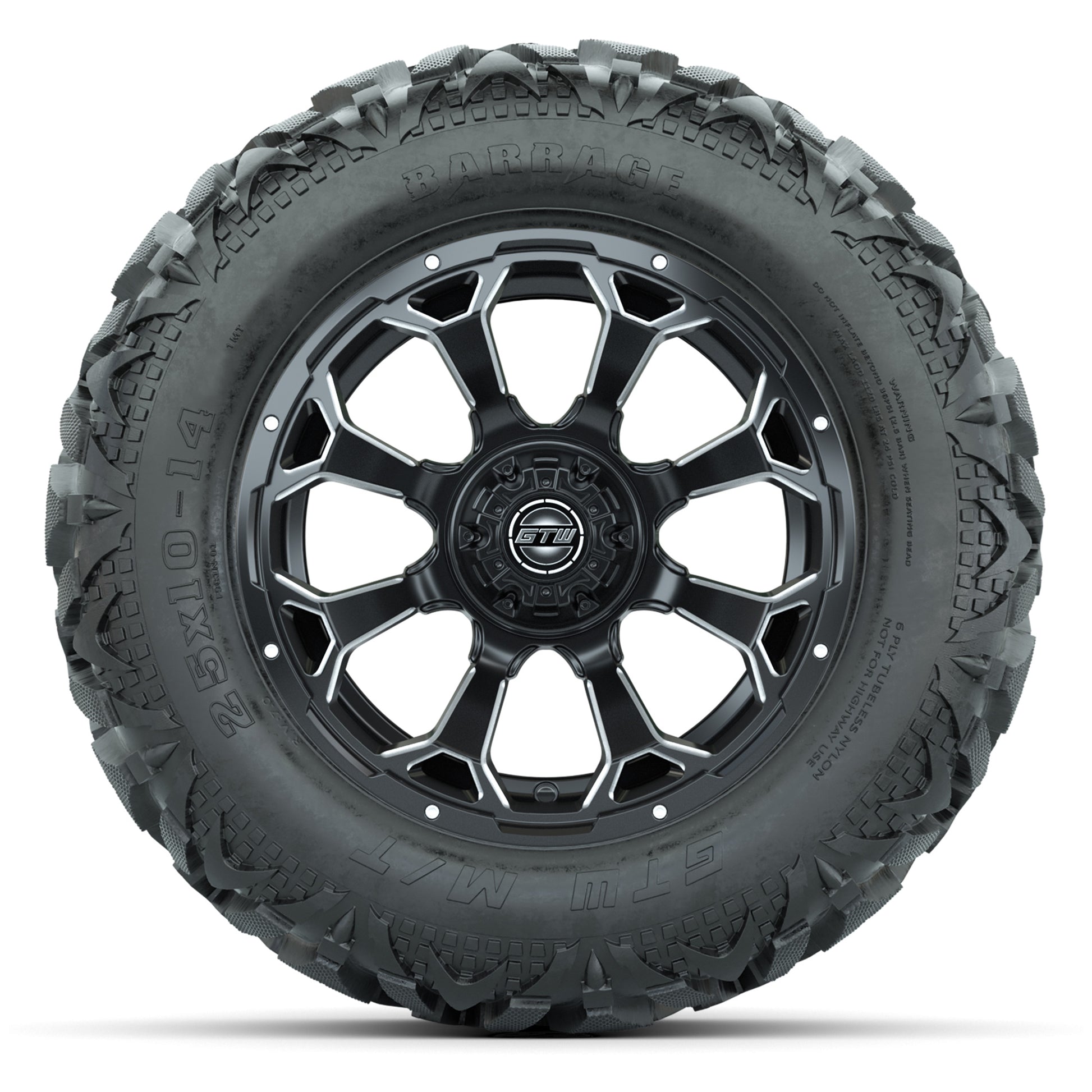 GTW Raven Matte Black/Ball Mill 14 in Wheels with 25x10-14 Barrage Mud Tires – Full Set