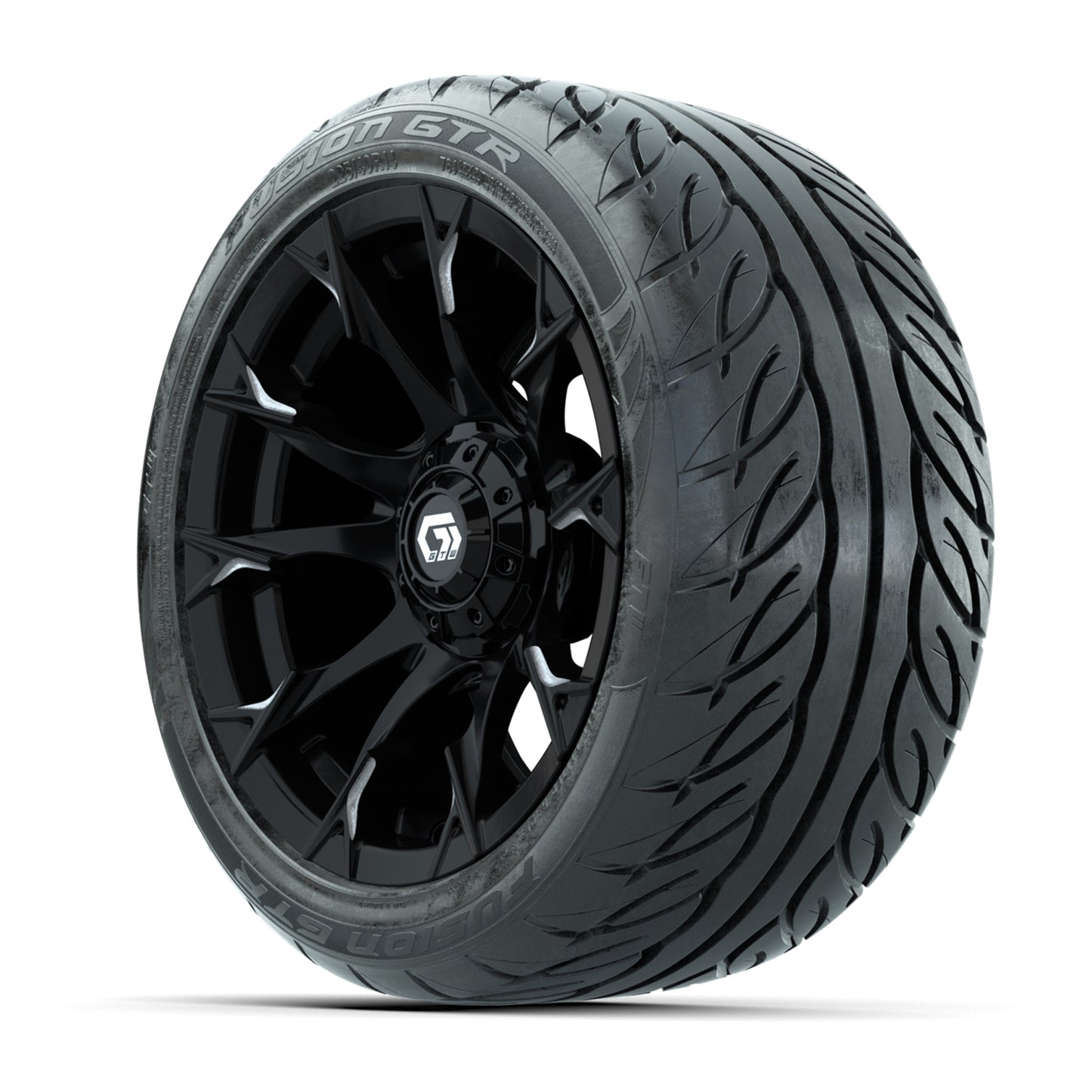 GTW® Diablo Gloss Black/Machined 14 in Wheels with 225/40-R14 Fusion GTR Steel Belt Radial Street Tires – Full Set