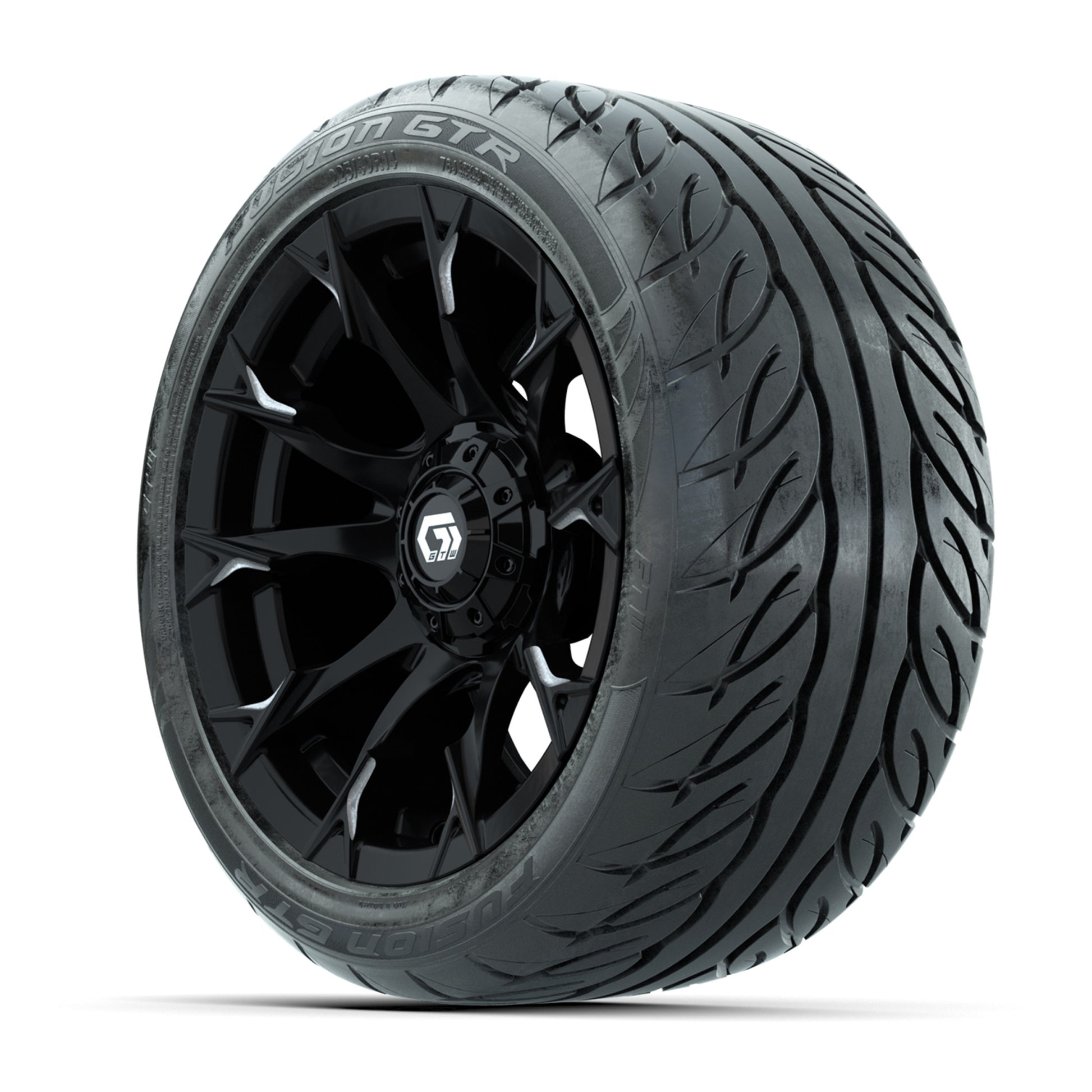 GTW® Diablo Gloss Black/Machined 14 in Wheels with 225/40-R14 Fusion GTR Steel Belt Radial Street Tires – Full Set