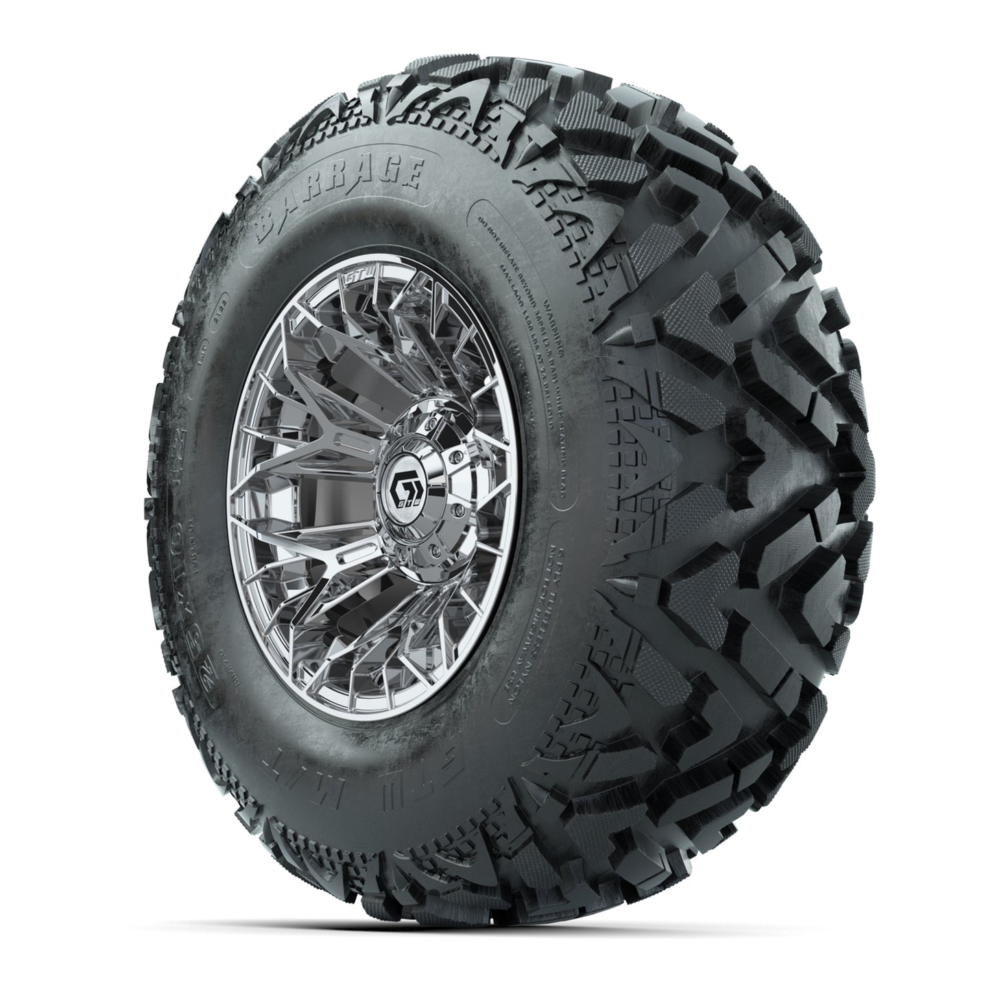 GTW® Stellar Chrome 12 in Wheels with 25X10-12 Barrage Mud Tires – Full Set