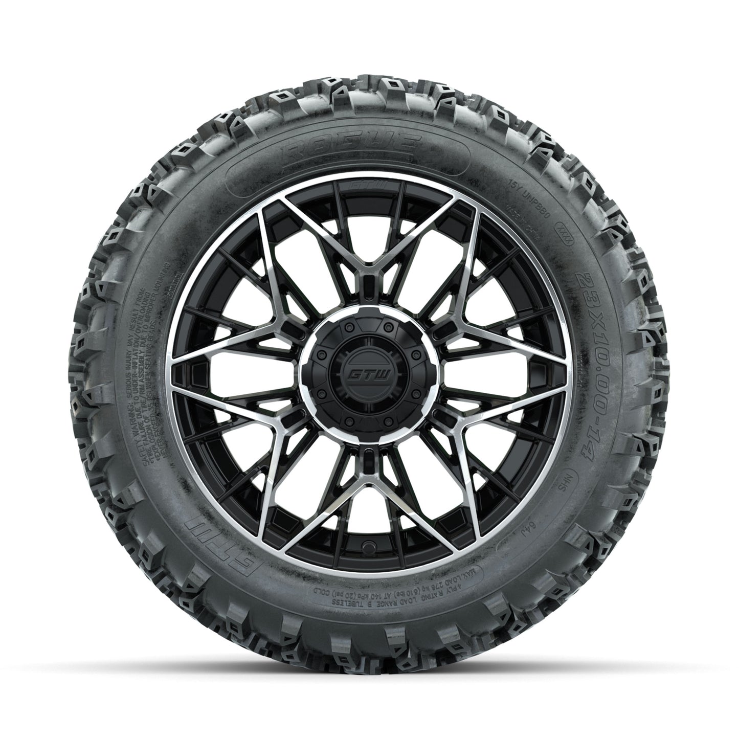 GTW Stellar Machined/Black 14 in Wheels with 23x10.00-14 Rogue All Terrain Tires - Full Set