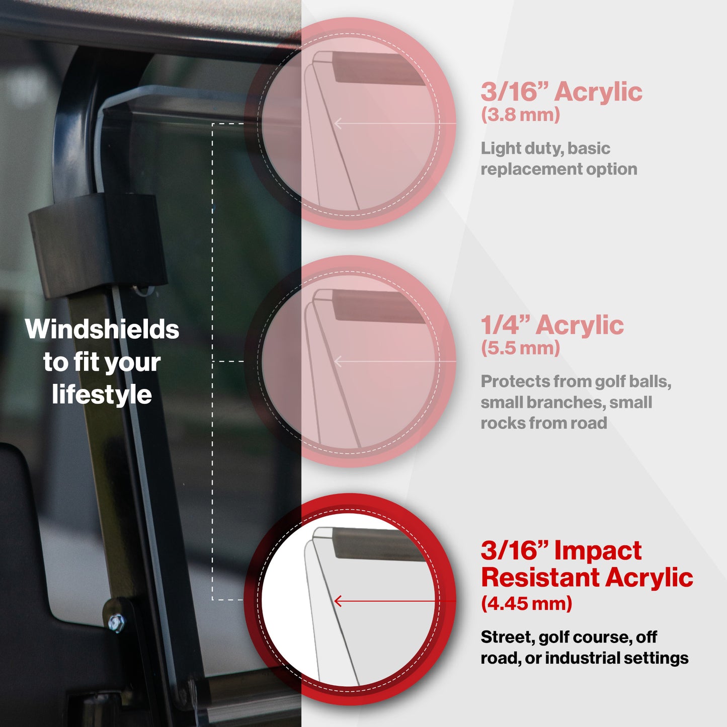 RedDot EZGO RXV with Modular Top Tinted Folding Impact Modified Windshield with Rubber Trim (Years 2024-Up)