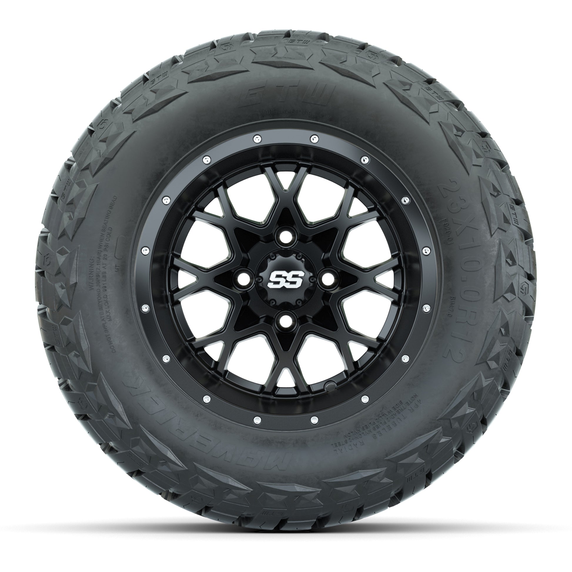 GTW Vortex Matte Black 12 in Wheels with 23x10.00-R12 Maverick All-Terrain Tires – Full Set