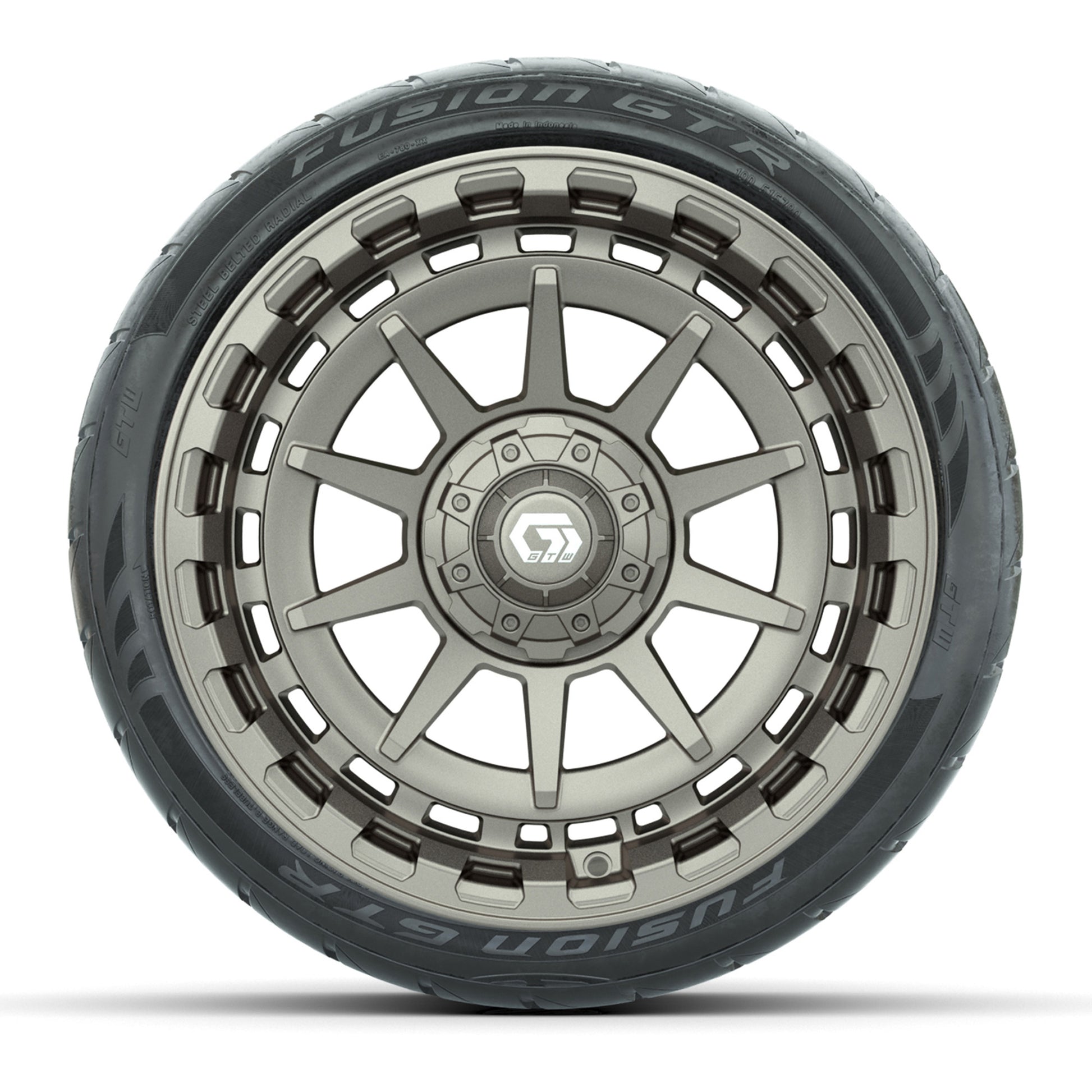 GTW® Barricade Satin Bronze 15 in Wheels with 215/40-R15 Fusion GTR Steel Belted Street Tires – Full Set