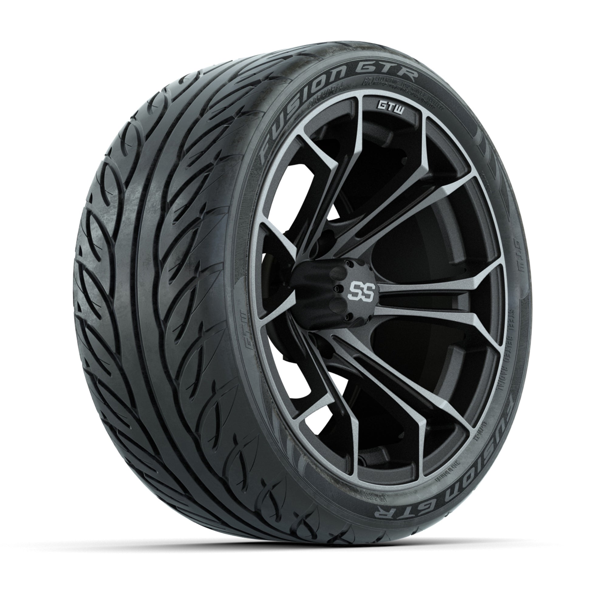GTW® Spyder Matte Gray/Machined 14 in Wheels with 205/40-R14 Fusion GTR Steel Belt Radial Street Tires – Full Set