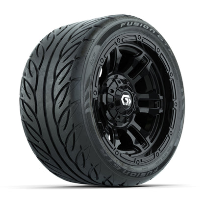 GTW® Shogun Gloss Black 12 in Wheels with 215/40-R12 Fusion GTR Steel Belt Radial Street Tires – Full Set