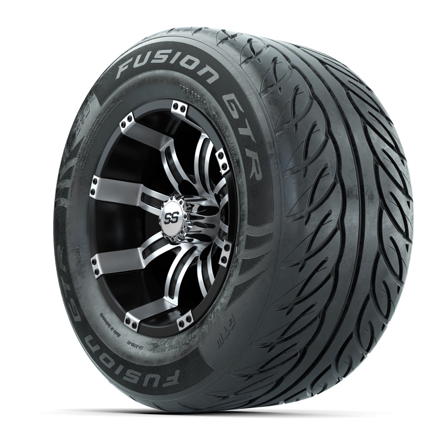 GTW® Tempest Black/Machined 12 in Wheels with 255/55-R12 Fusion GTR Steel Belt Radial Street Tires - Full Set