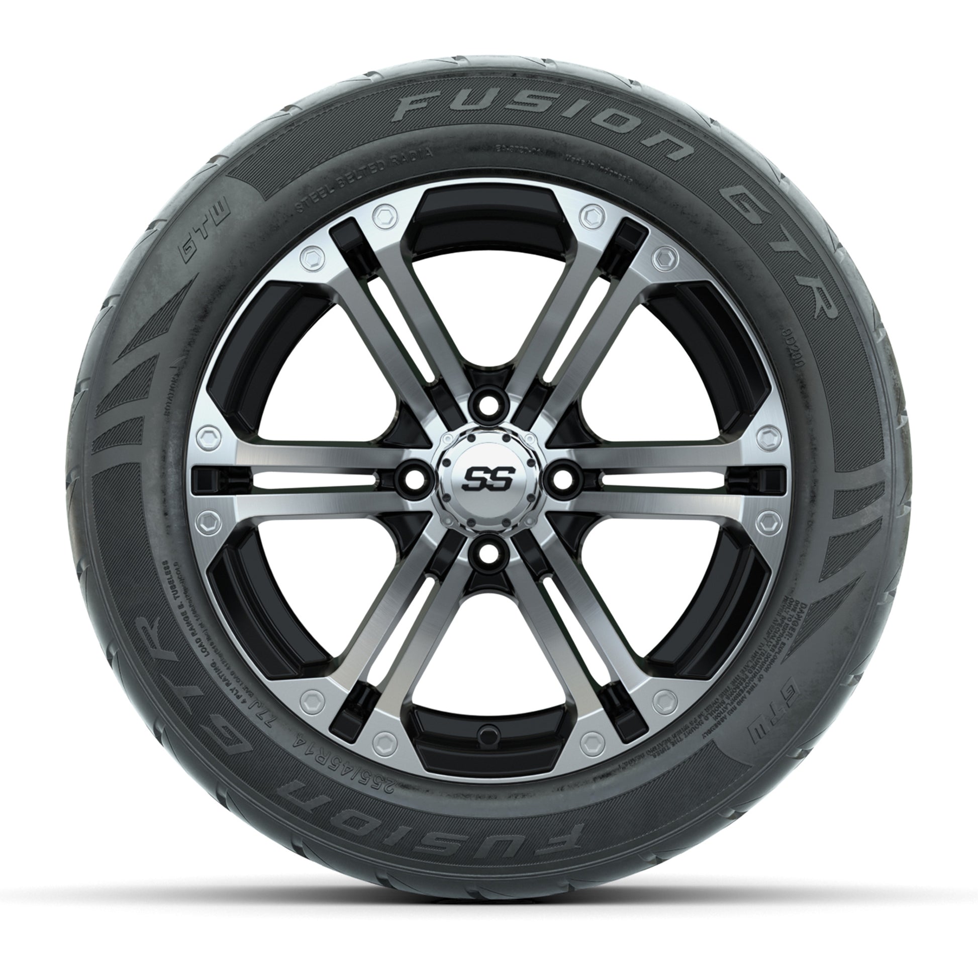 GTW® Specter Black/Machined 14 in Wheels with 255/45-R14 Fusion GTR Steel Belt Radial Street Tires – Full Set