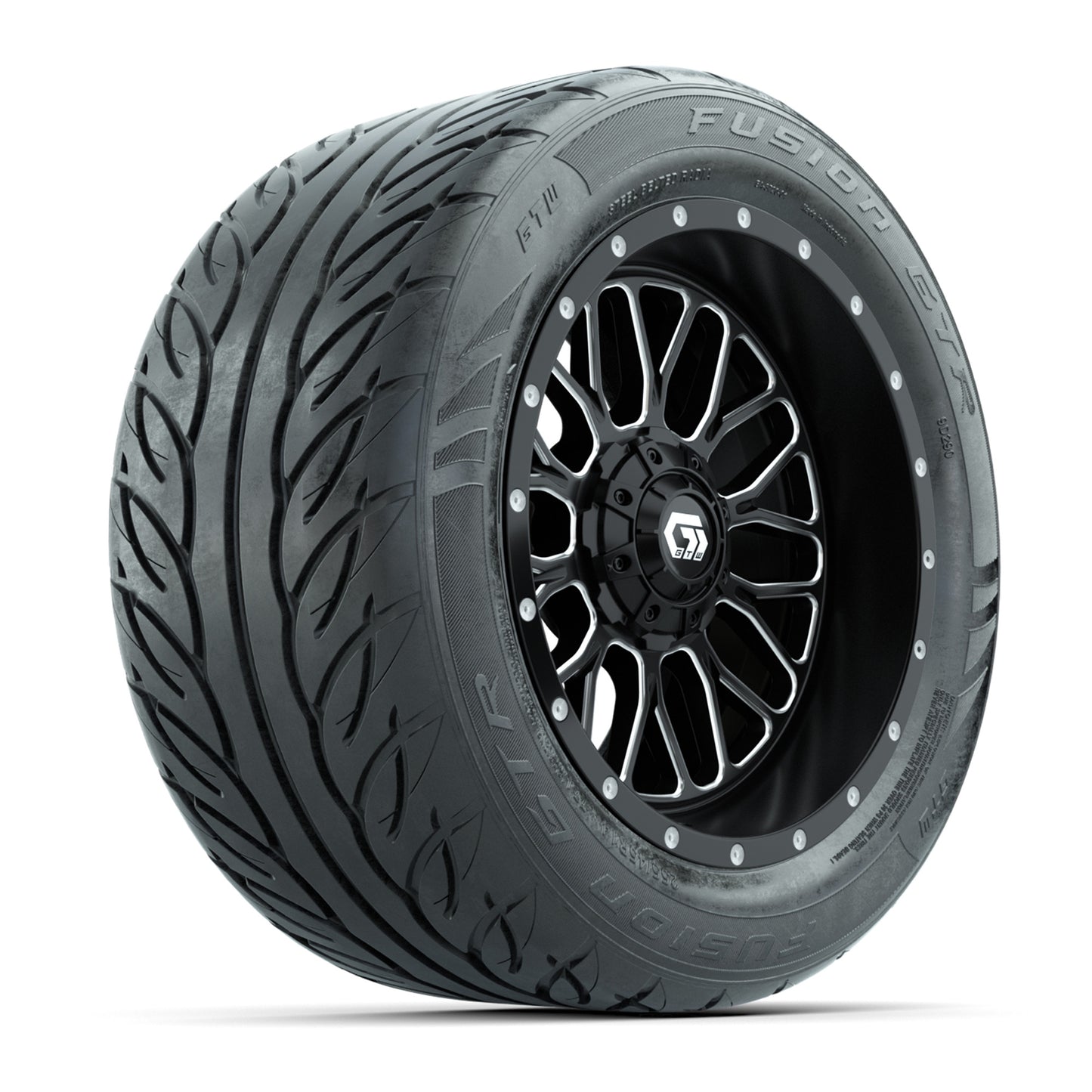 GTW® Helix Black/Machined 14 in Wheels with 255/45-R14 Fusion GTR Steel Belt Radial Street Tires – Full Set