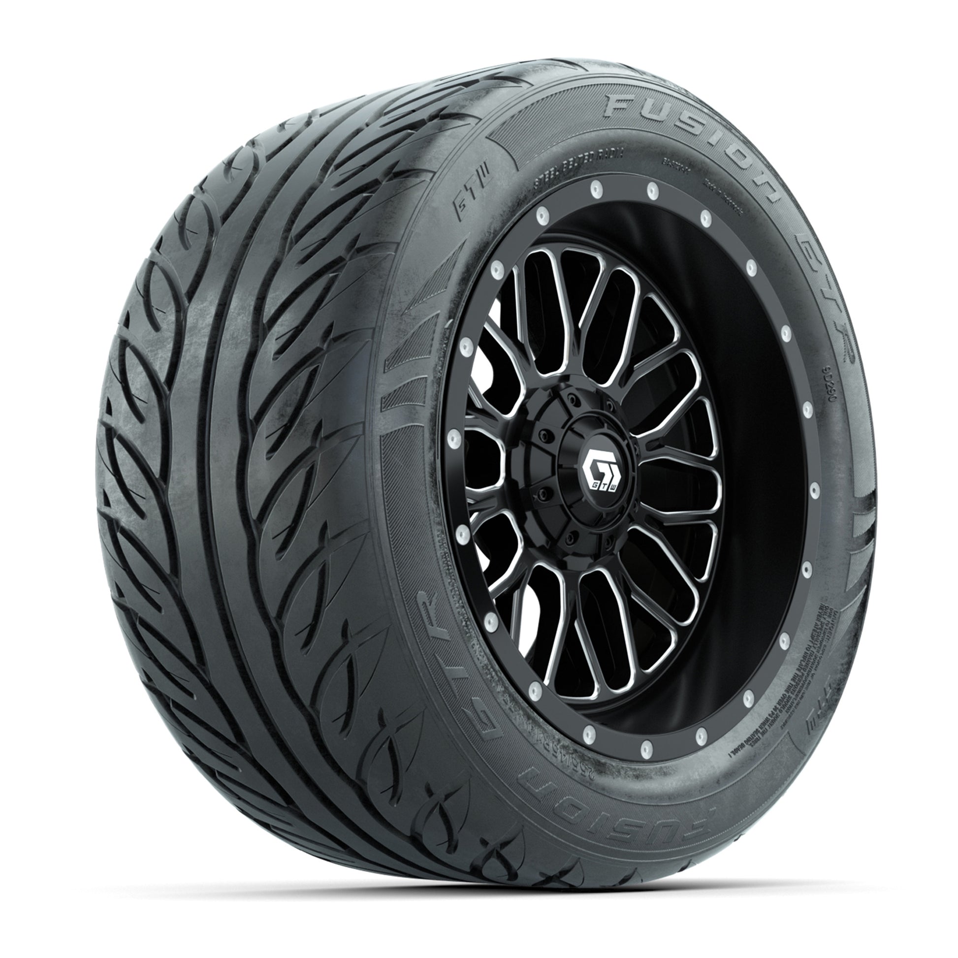 GTW® Helix Black/Machined 14 in Wheels with 255/45-R14 Fusion GTR Steel Belt Radial Street Tires – Full Set