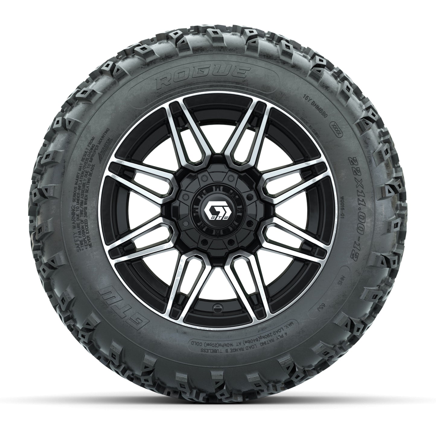 GTW® Stealth Black/Machined 12 in Wheels with 22x11.00-12 Rogue All-Terrain Tires – Full Set
