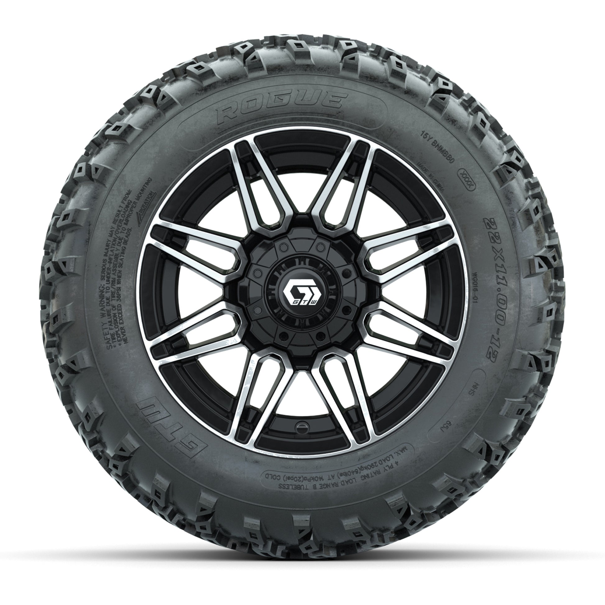 GTW® Stealth Black/Machined 12 in Wheels with 22x11.00-12 Rogue All-Terrain Tires – Full Set