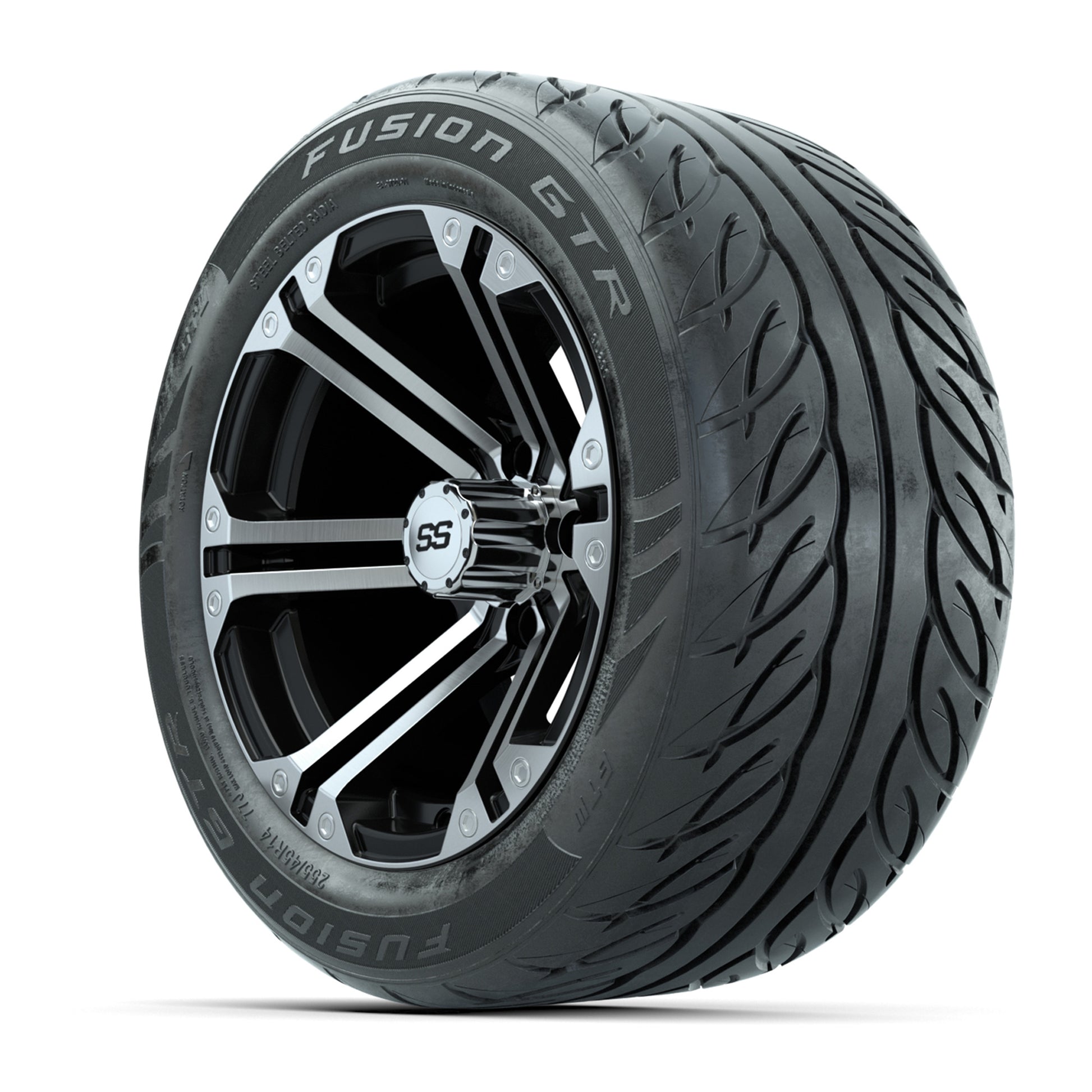 GTW® Specter Black/Machined 14 in Wheels with 255/45-R14 Fusion GTR Steel Belt Radial Street Tires – Full Set