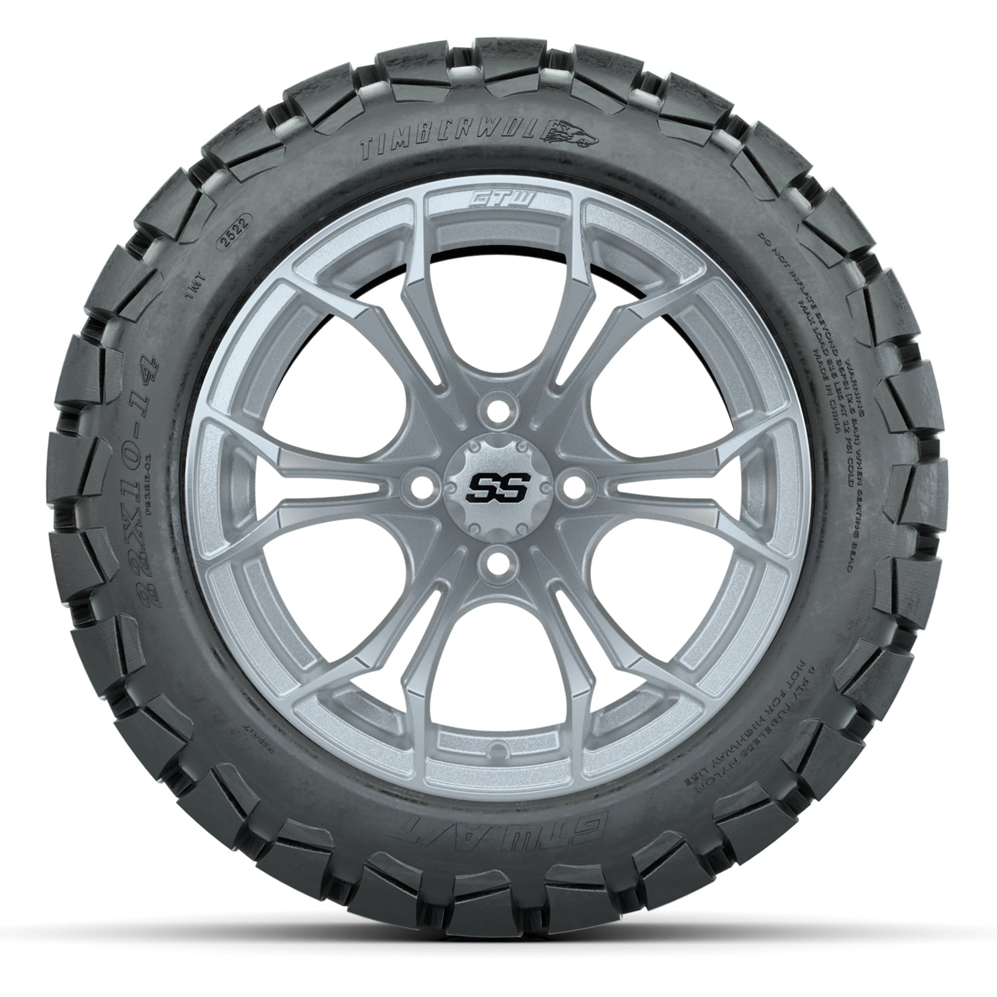 GTW Spyder Silver Brush 14 in Wheels with 22X10-14 Timberwolf All-Terrain Tires – Full Set