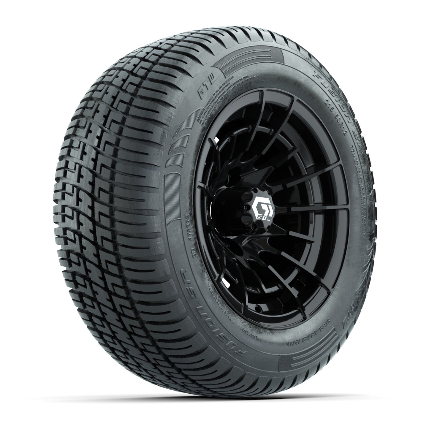 GTW® Boost Gloss Black 12 in Wheels with 215/50-R12 Fusion S/R Steel Belt Radial Tires – Full Set