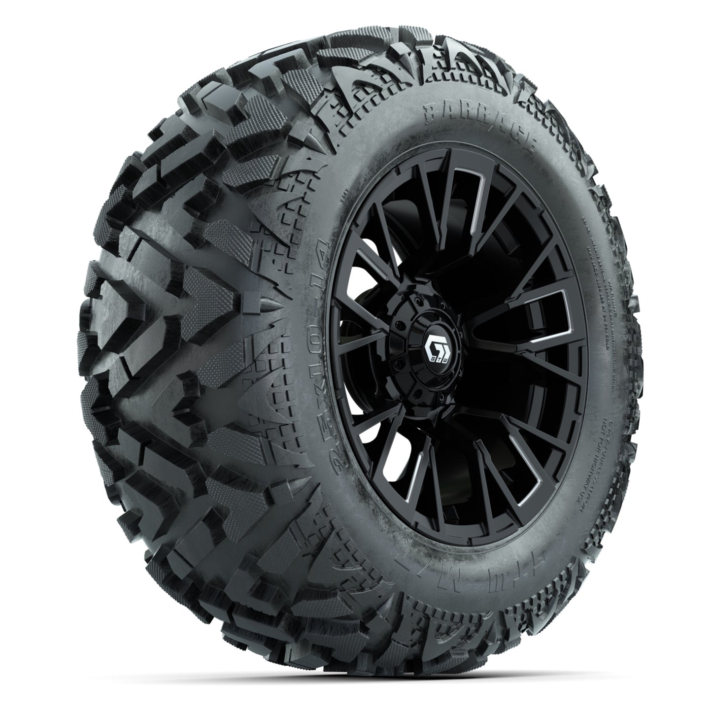 GTW Vandal Matte Black/Machined 14 in Wheels with 25x10-14 Barrage Mud Tires – Full Set