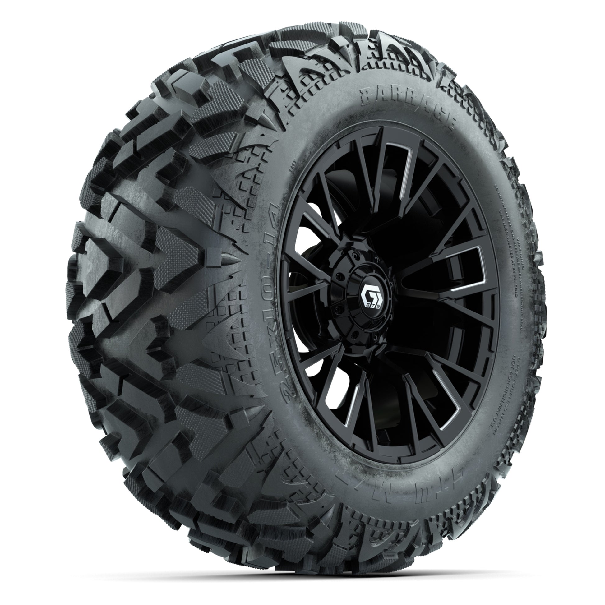 GTW Vandal Matte Black/Machined 14 in Wheels with 25x10-14 Barrage Mud Tires – Full Set