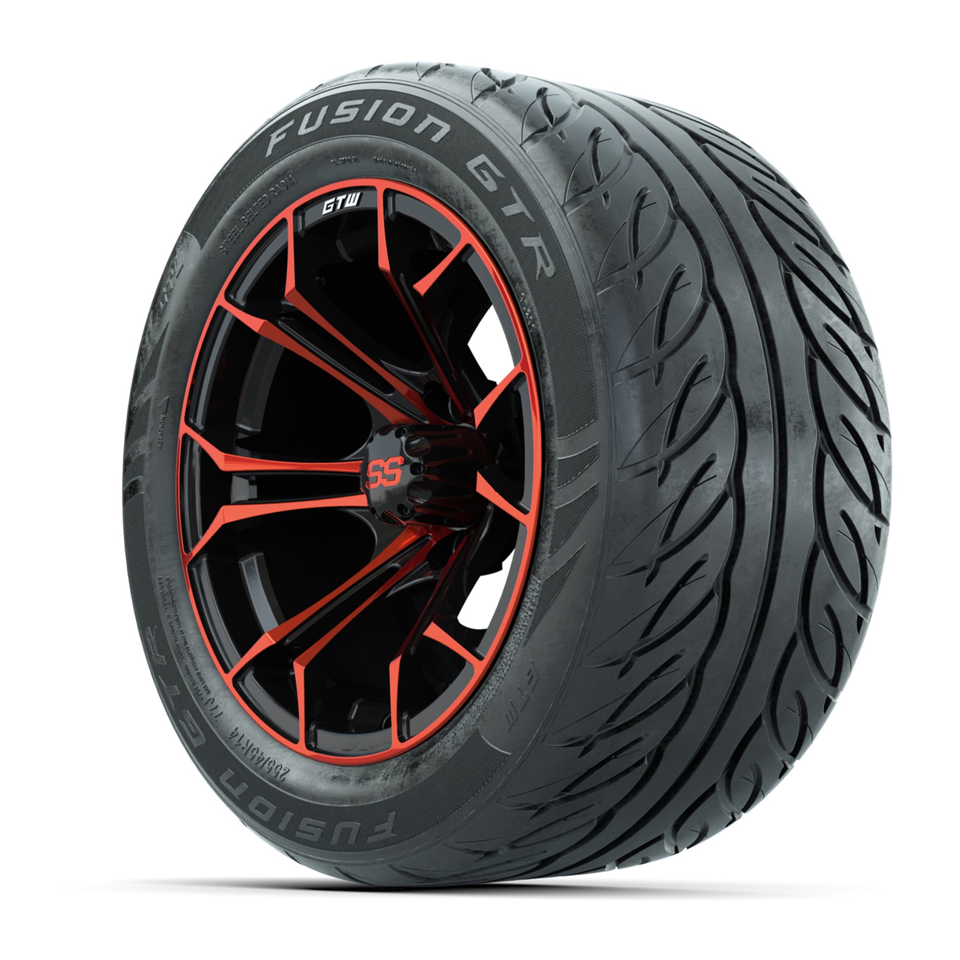 GTW® Spyder Black/Red 14 in Wheels with 255/45-R14 Fusion GTR Steel Belt Radial Street Tires – Full Set