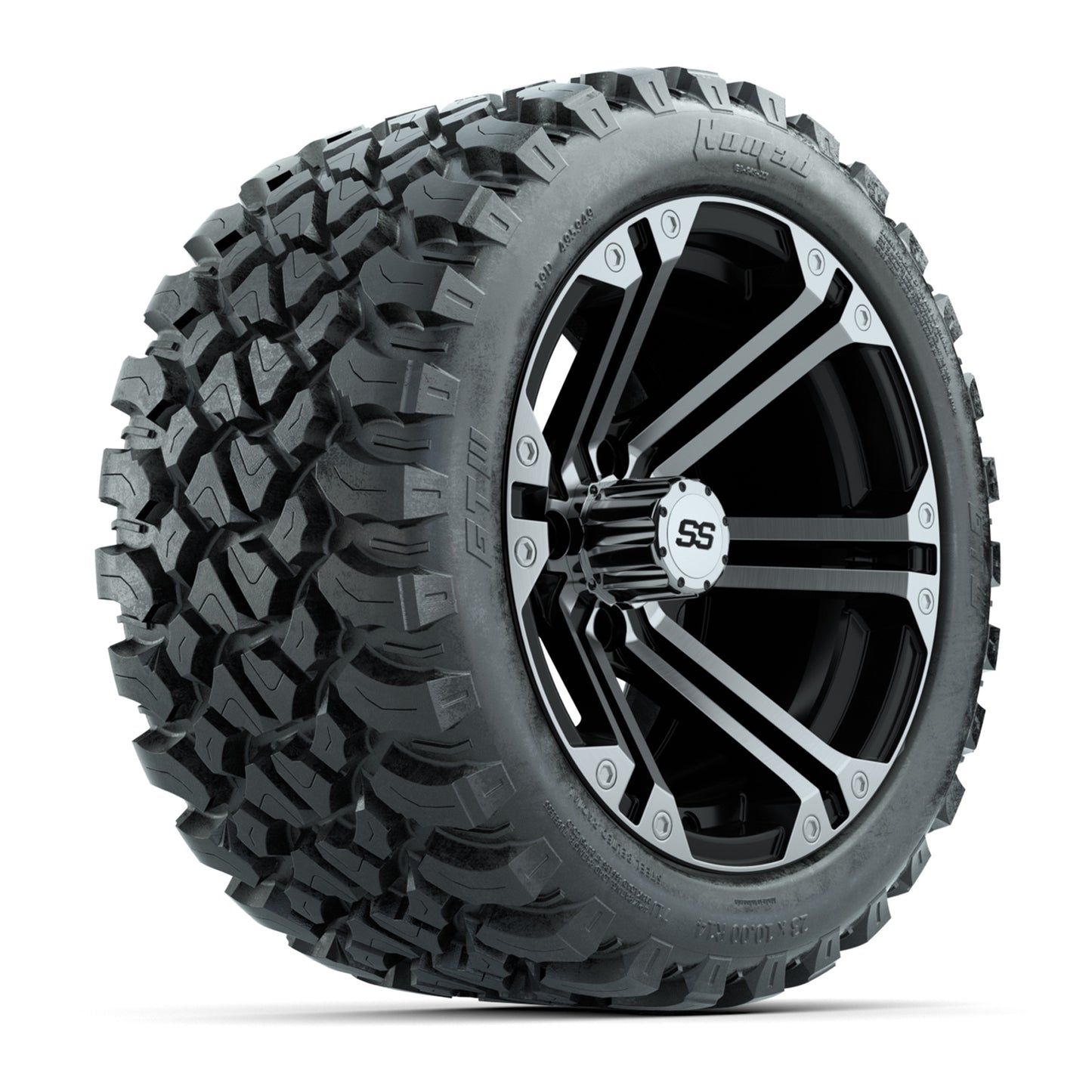 GTW® Specter Black/Machined 14 in Wheels with 23X10-R14 Nomad Steel Belt Radial All-Terrain Tires – Full Set