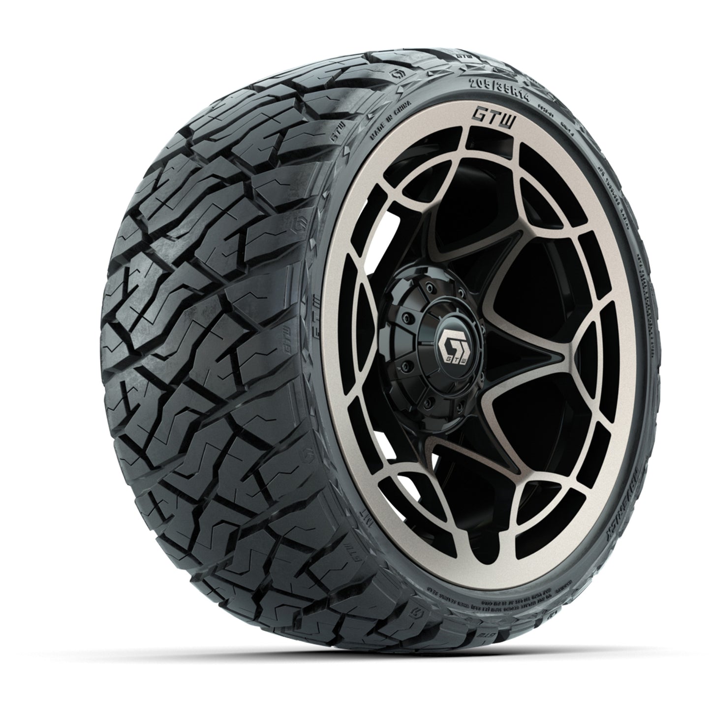 GTW Nexus Gloss Black/Bronze 14 in Wheels with 205/35-R14 Maverick Low-Profile All-Terrain Tires – Full Set