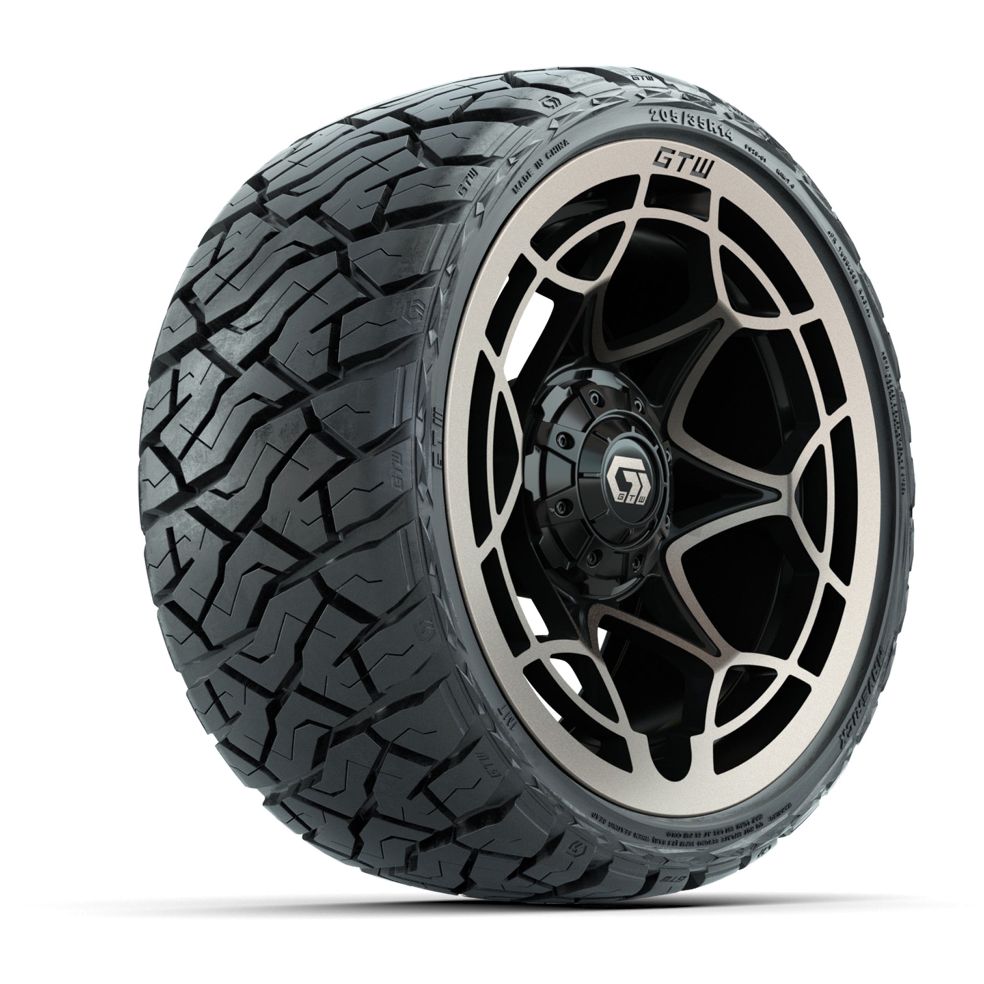 GTW Nexus Gloss Black/Bronze 14 in Wheels with 205/35-R14 Maverick Low-Profile All-Terrain Tires – Full Set