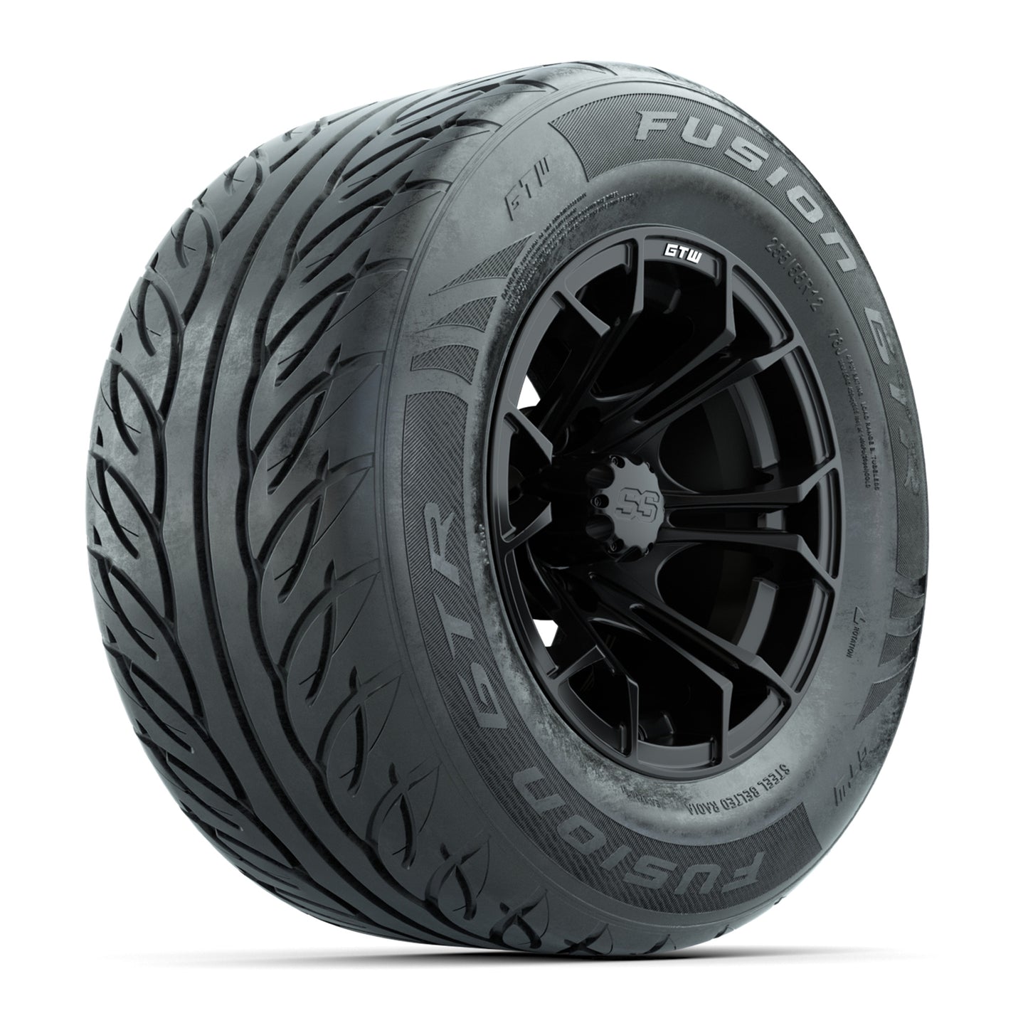 GTW® Spyder Matte Black 12 in Wheels with 255/55-R12 Fusion GTR Steel Belt Radial Street Tires – Full Set