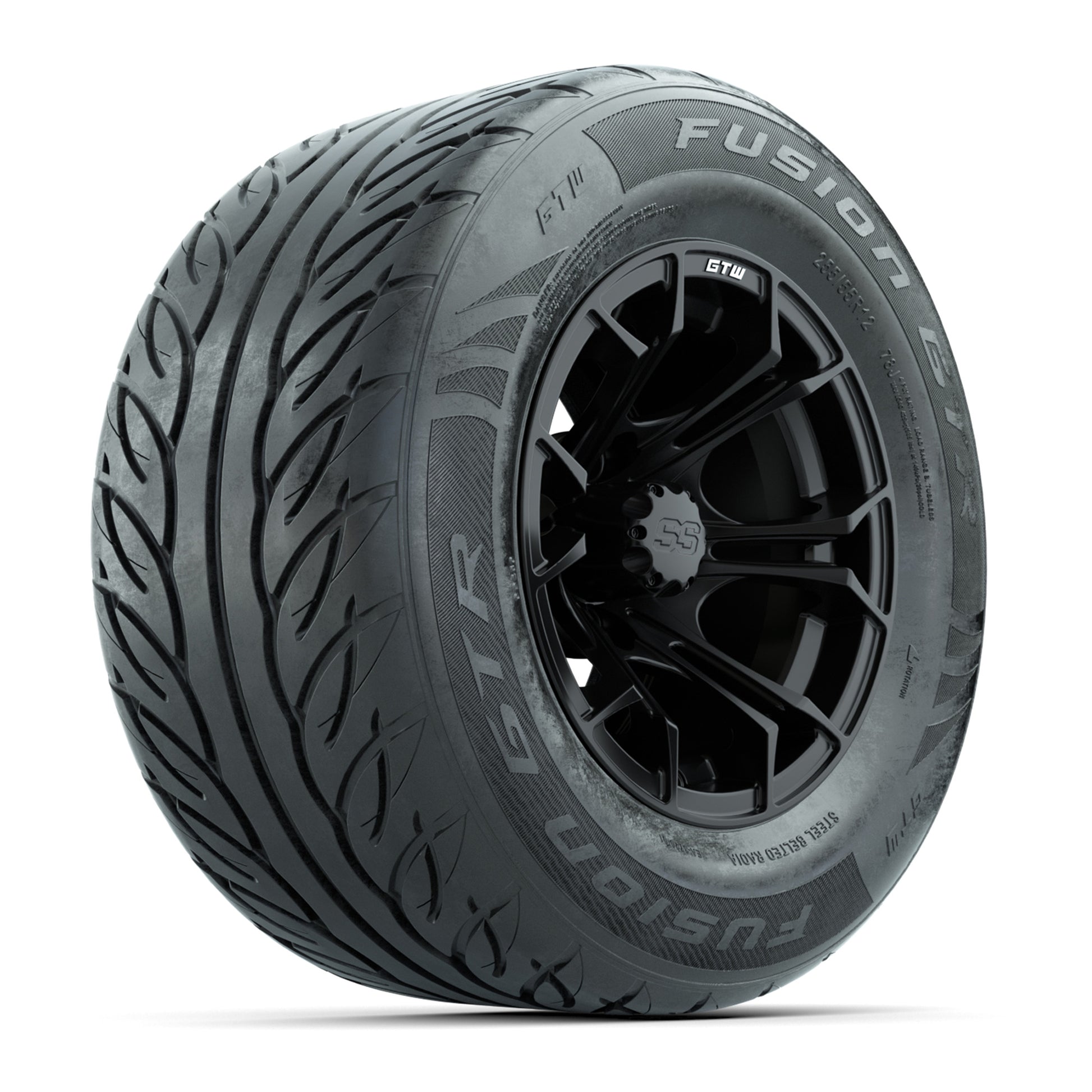 GTW® Spyder Matte Black 12 in Wheels with 255/55-R12 Fusion GTR Steel Belt Radial Street Tires – Full Set
